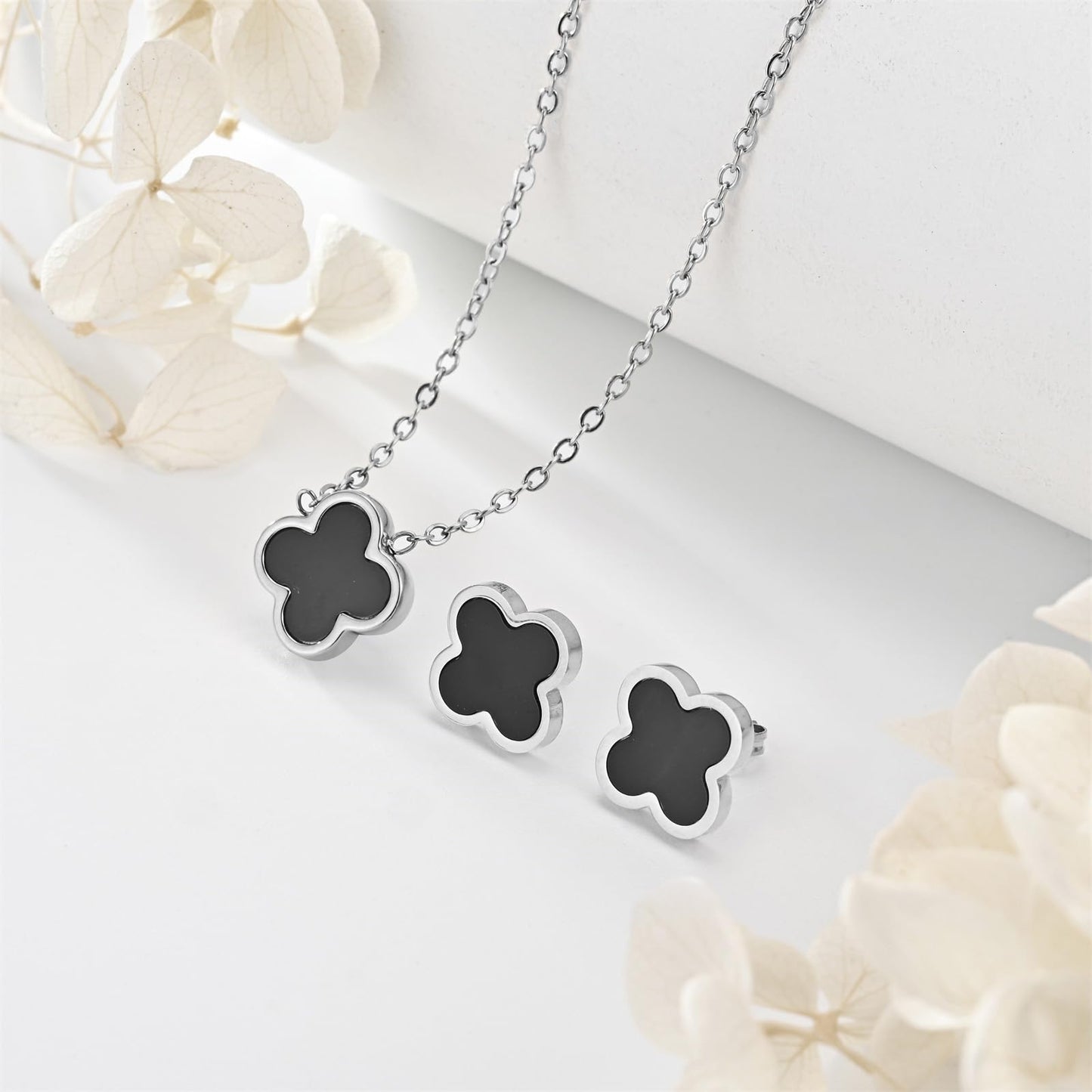KYJAC Clover Jewelry Set - Necklace and Stud Earrings, 18k Gold Plated Four Leaf Pendant, White Black Red, Silver Black Set - Gifts for Women