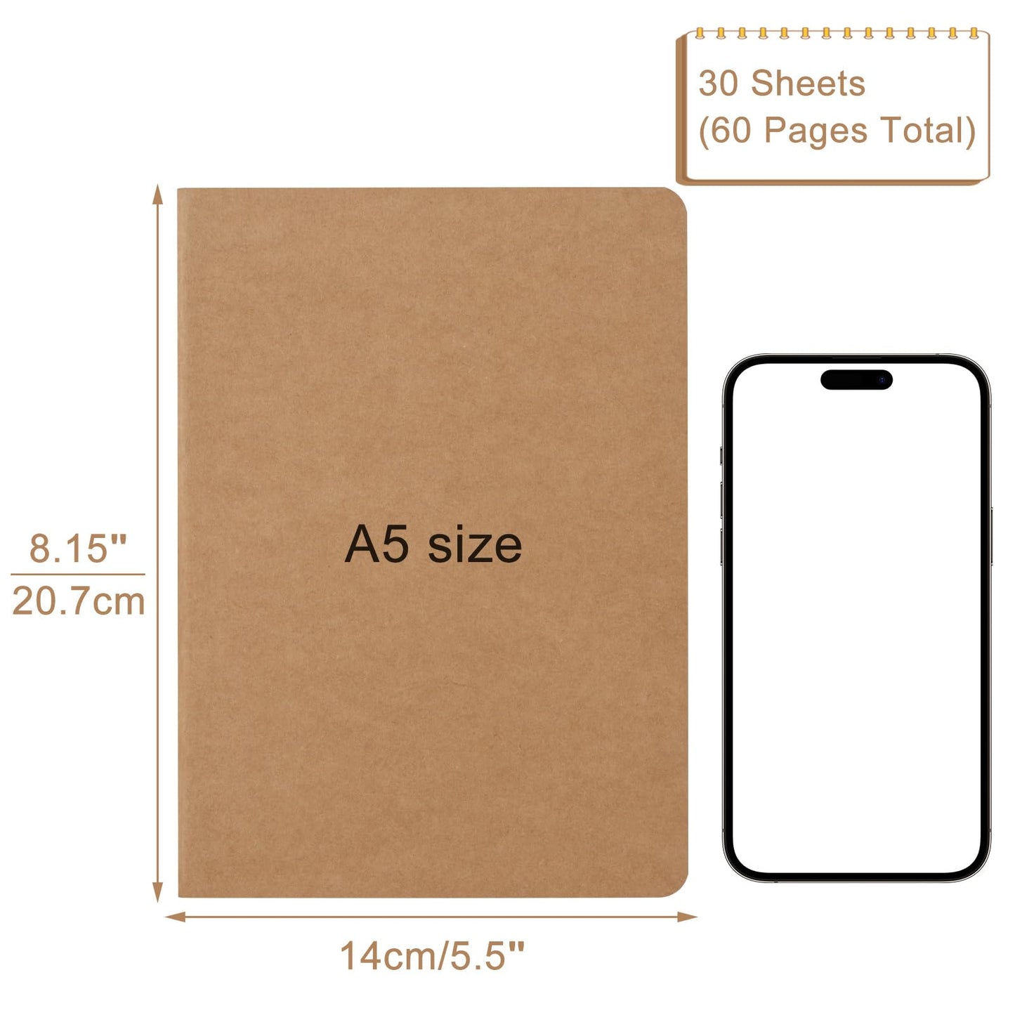 ZCZN 24 Pack A5 Kraft Notebooks Bulk, 8.15x5.5 Inches Lined Paper Journaling Notebooks, Notebooks for Work, Composition Notebooks for School, Journal Notebooks for Office, 60 Pages