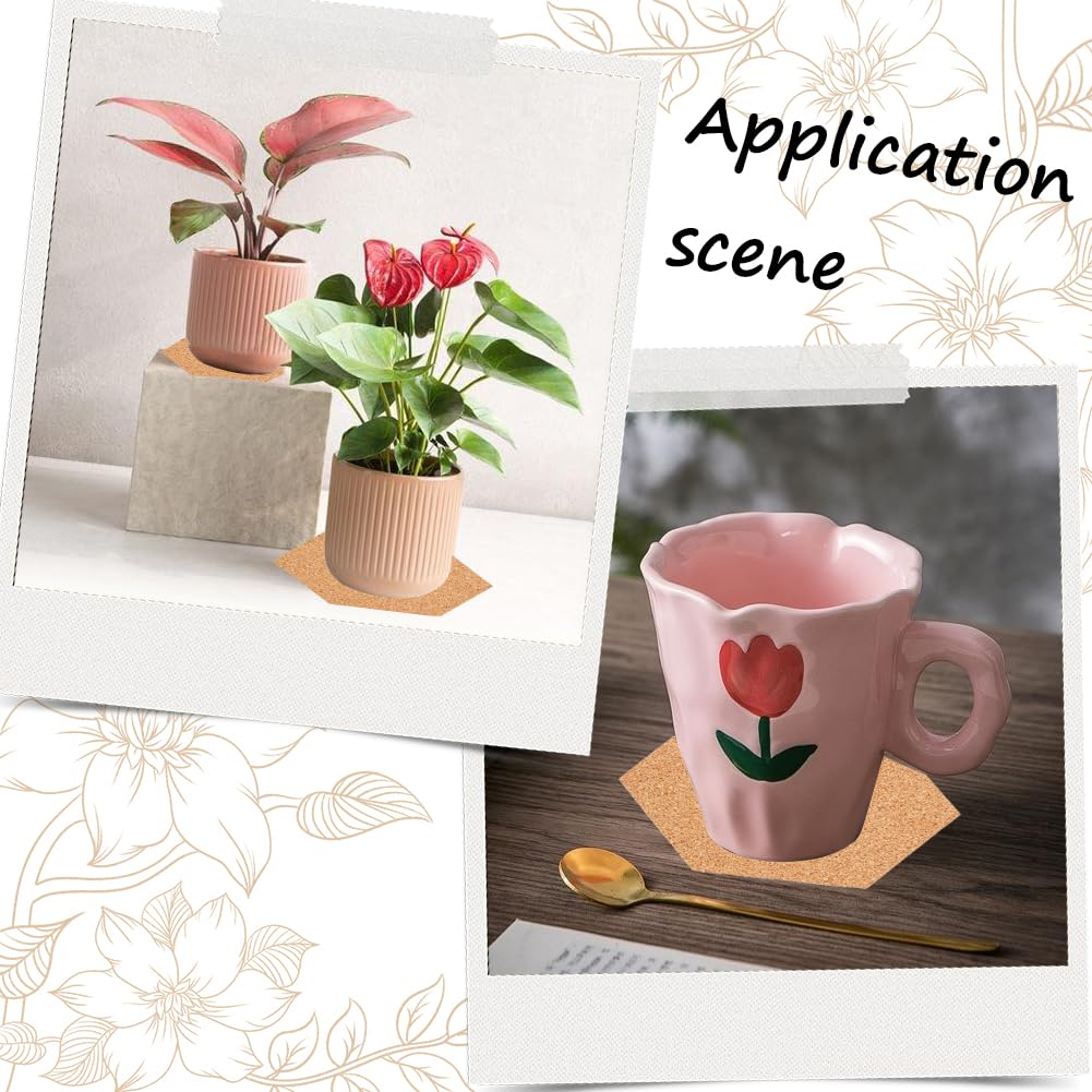 SOFPLATE 50Pcs Self Adhesive Cork Board Backings Cork Coaster Bottoms 4 Inch Hexagon Thin Cup Mat Coasters Backs Sheets Tiles for Thin Drinks Coasters Cork Board Supplies DIY Crafts Making Decoration