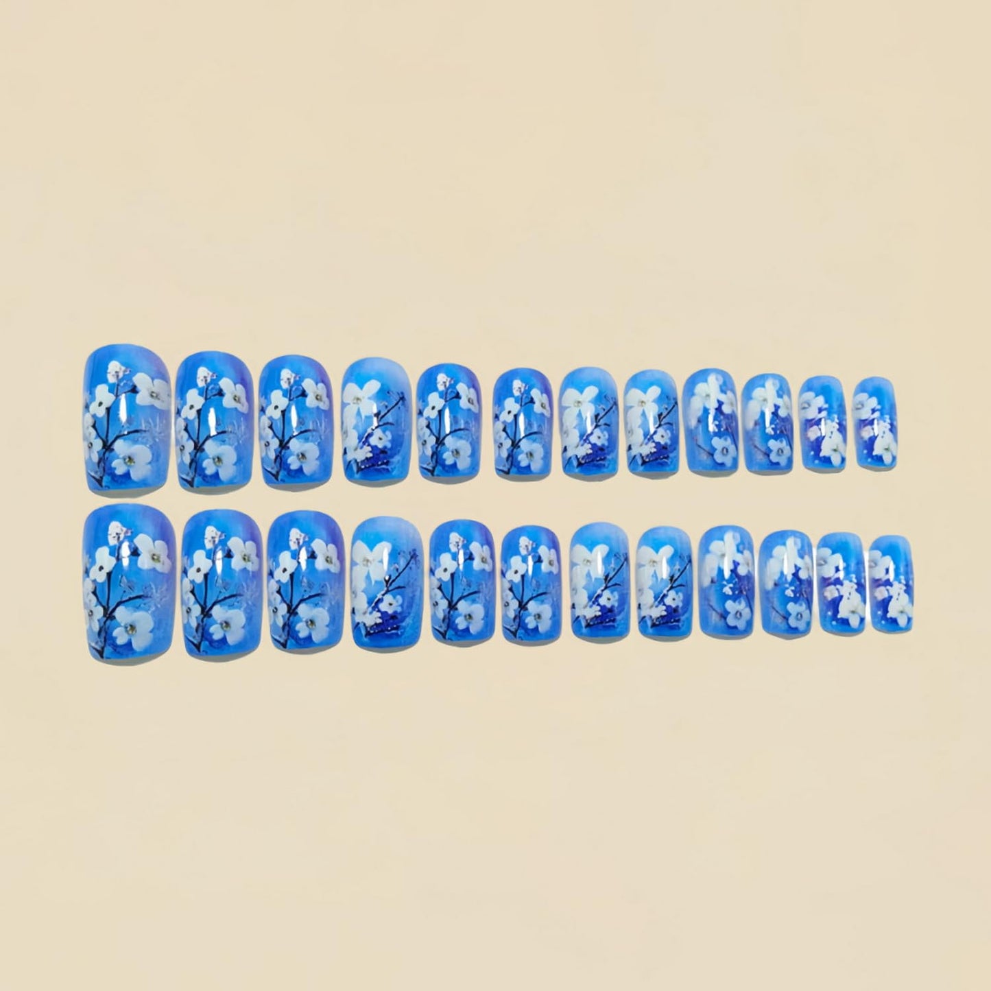 24pcs Spring Press on Nail Blue Fake Nails Floral Press ones with designs Acrylic Stick on Nail Glossy False Nails Full Cover Short Square Glue on Nails for Women Summer Accessories Manicure Decor