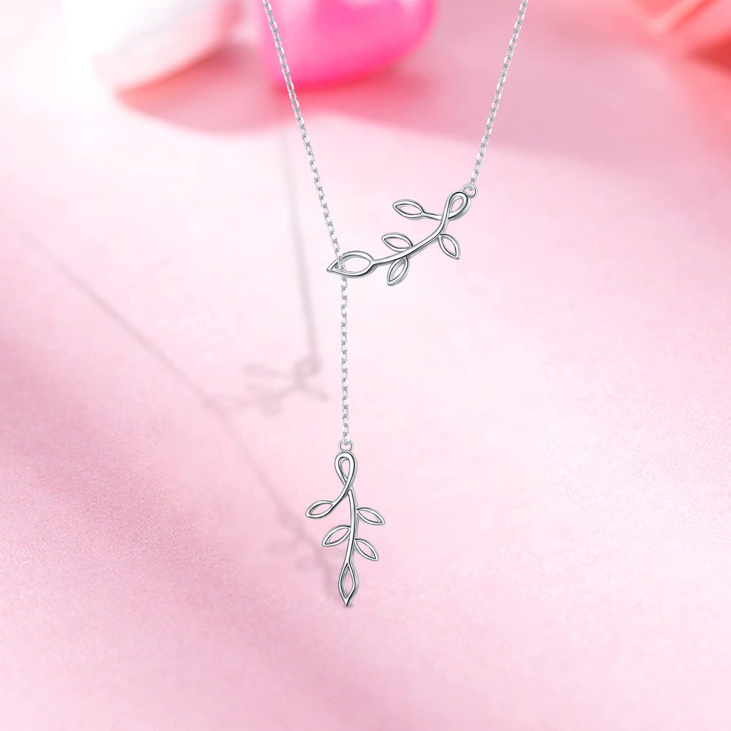 DAOCHONG Long Necklace Sterling Silver Olive Leaf Larait Bar Y Lariat Long Chain Drop Adjustable Necklace for Her, 30"