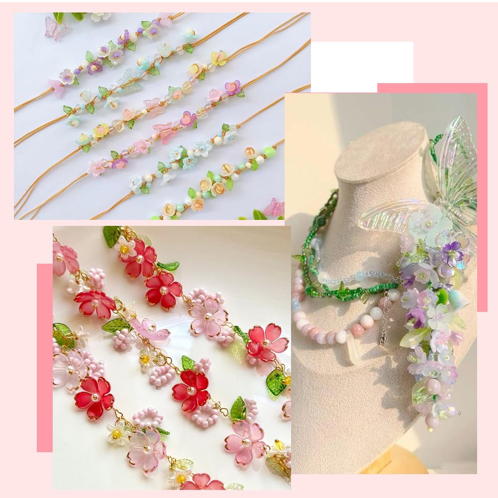 SUNNYCLUE 1 Box 500Pcs Acrylic Flower and Leaf Beads Assorted Floral Beads Kit Green Pink Small Cute Spring Cherry Lily Caps Blossom Spacer for Jewelry Making Bracelet Necklace Decor Adults