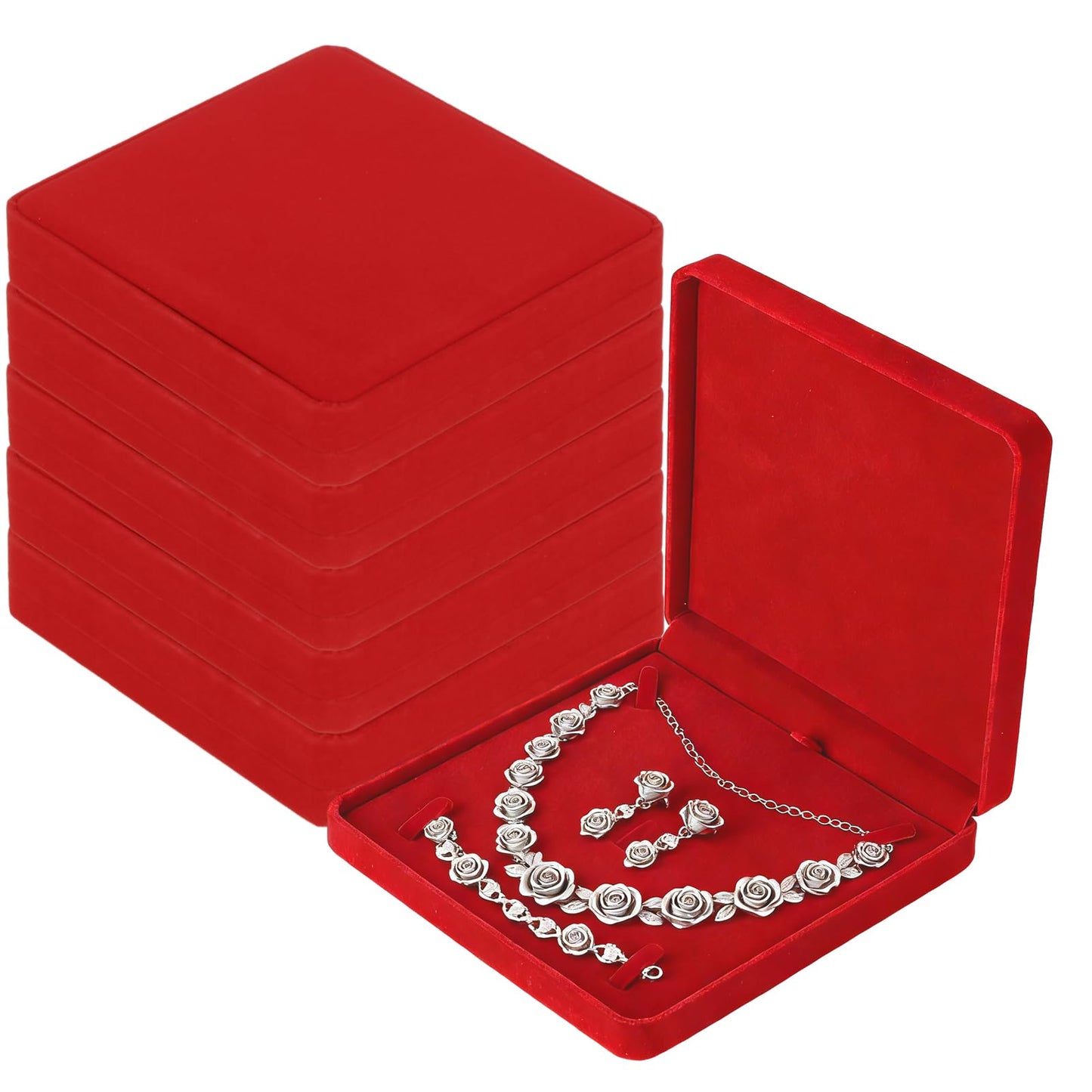 EATHEATY 6 Pack Large Velvet Jewelry Set Gift Boxes (7.5" Square) - Wine Red Display Case for Necklace, Earrings, Ring, Bracelet - Packaging for Wedding Bridesmaids, Retail, Anniversary