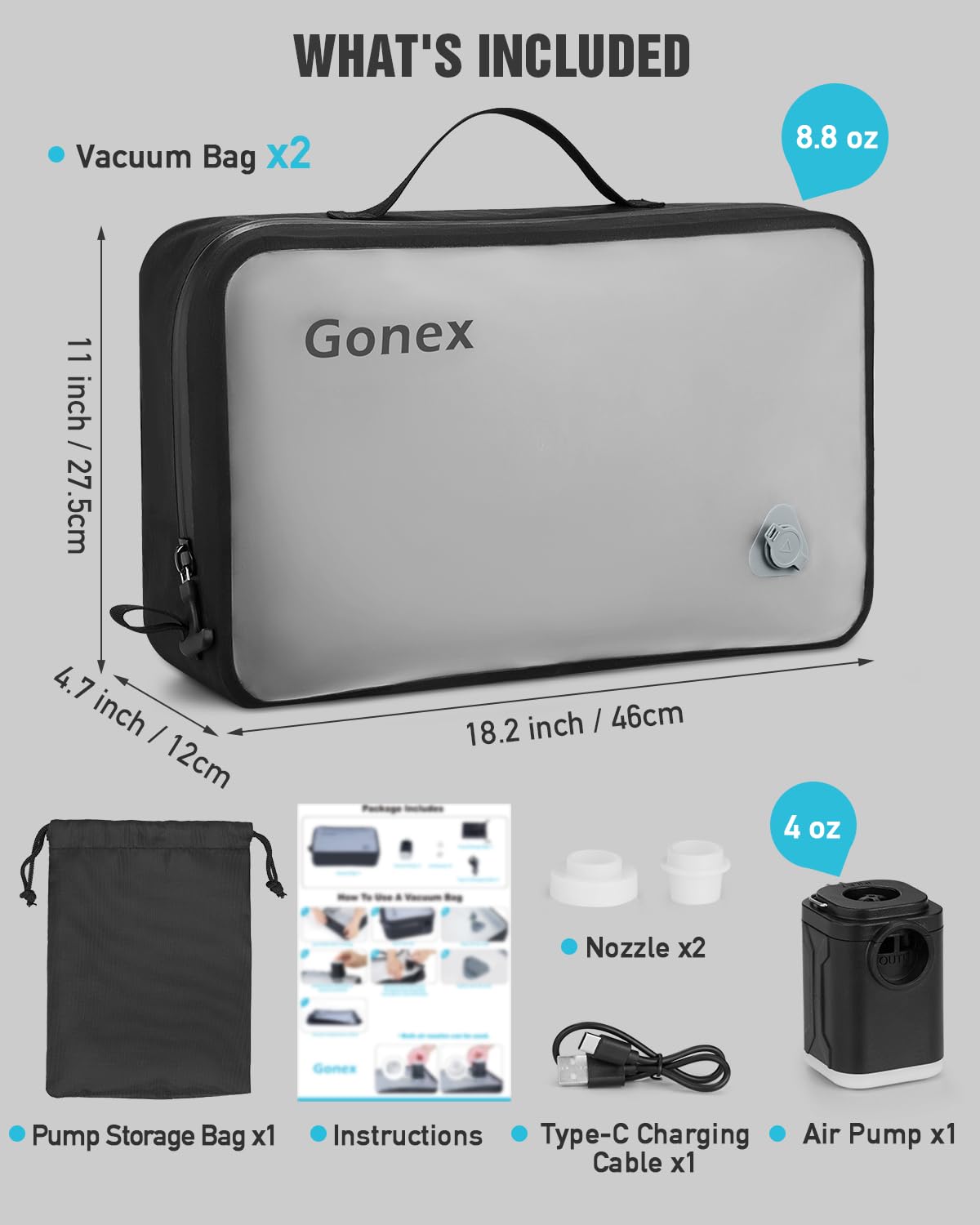 Gonex Vacuum Travel Bag with Pump, Reusable Compression Packing Bag with Handle & Transparent Window, Wide Opening, Waterproof Travel Storage Organizer for Carry-On Suitcase, Backpack (2PCS+Pump)