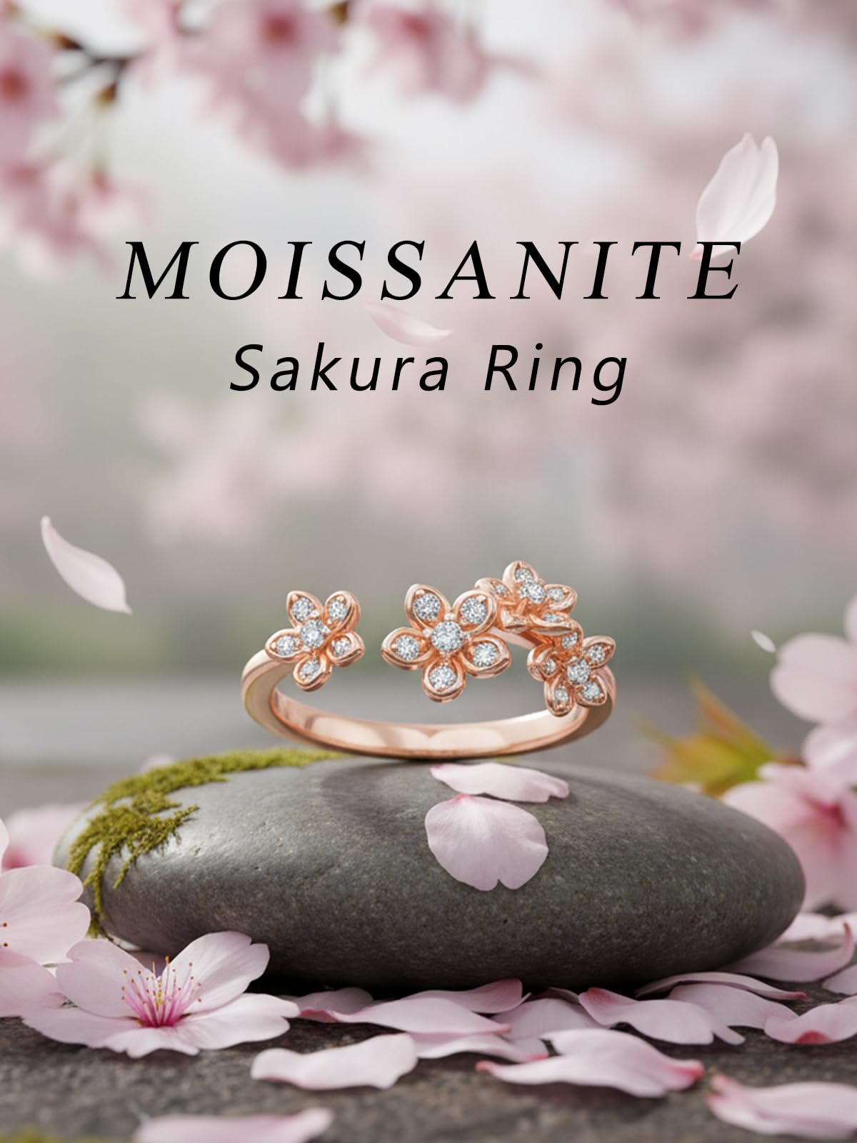 CYW Sterling Silver Moissanite Rose Gold Stacking Ring Adjustable Cherry Flower Floral Blossom Womens Open Rings