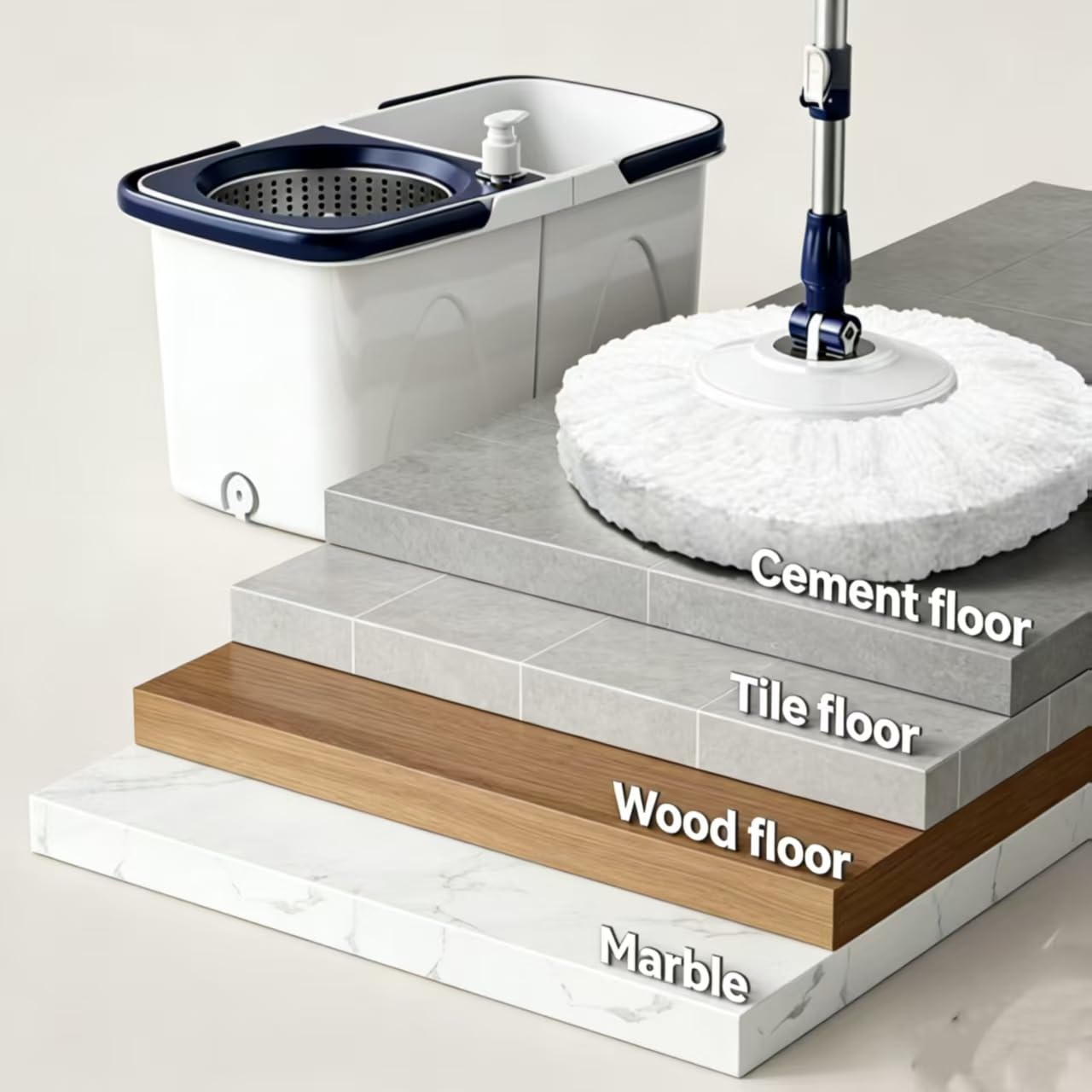 Spin Mop Bucket with Wringer, Mop with Bucket Set Includes 3 Replacement Pads, Durable Mop Bucket for Home Floor Cleaning