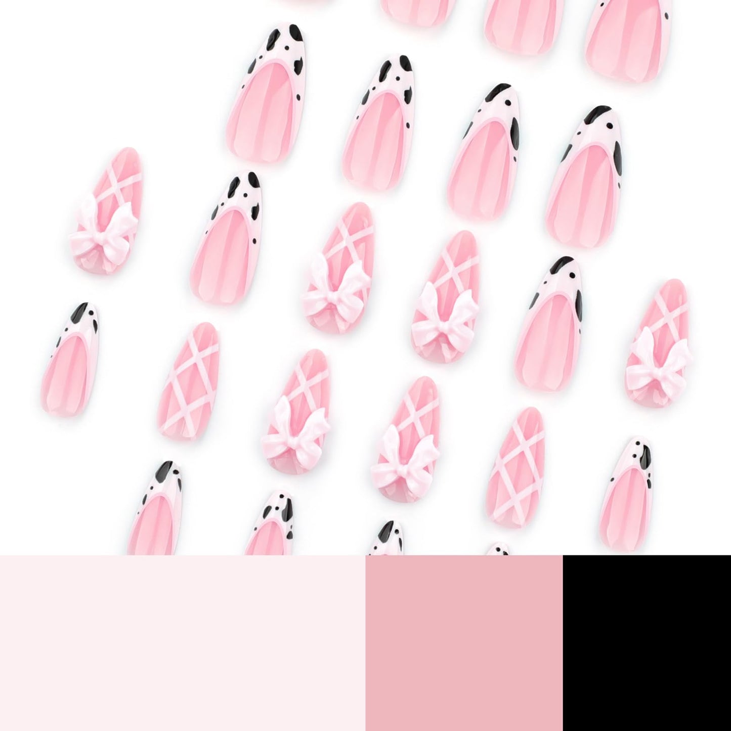 24 Pcs Pink Almond Press on Nails Short Medium Fake Nails with Glue, Reusable Press on Nails Acrylic Artificial Nails, Cute French Tip False Nails with Bow Cow Pattern Design Almond Nails for Women