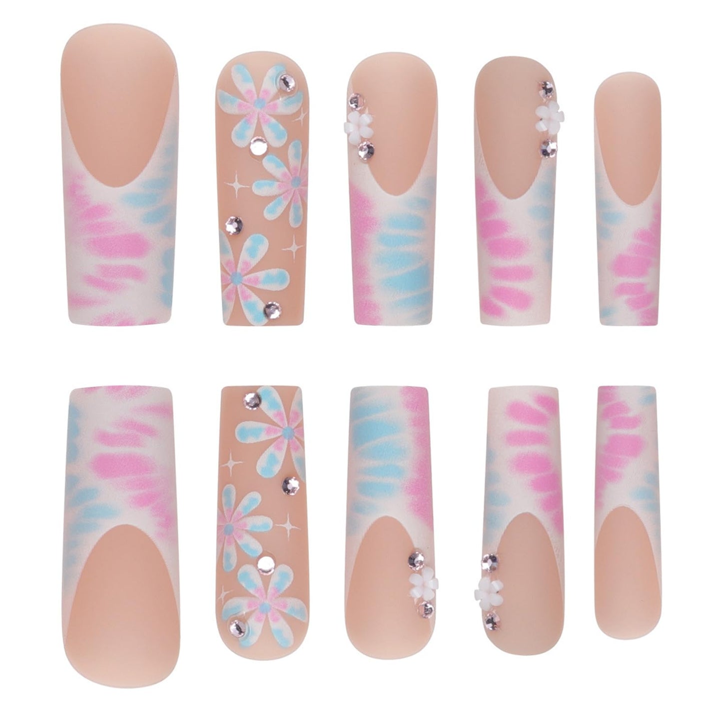 Press on Nails Extra Long - Aegenacess Square Press On Nails with Flowers and Rhinestones, Nude White Matte Fake Nails with Glue Sticker, Handmade 24 pcs Stick On Nails False Nail in 12 Sizes