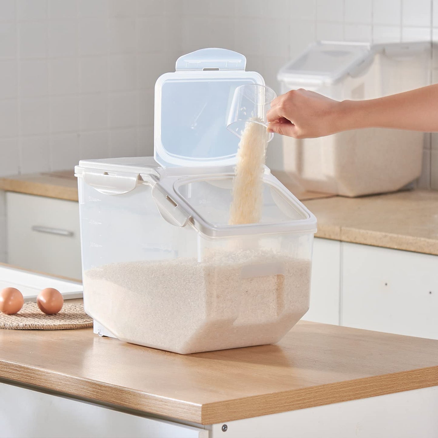 HANAMYA 10 Liter / 20 lbs Rice Storage Container with Measuring Cup, BPA free, For Rice | Grain | Pet Food | Flour, 2 counts, Clear