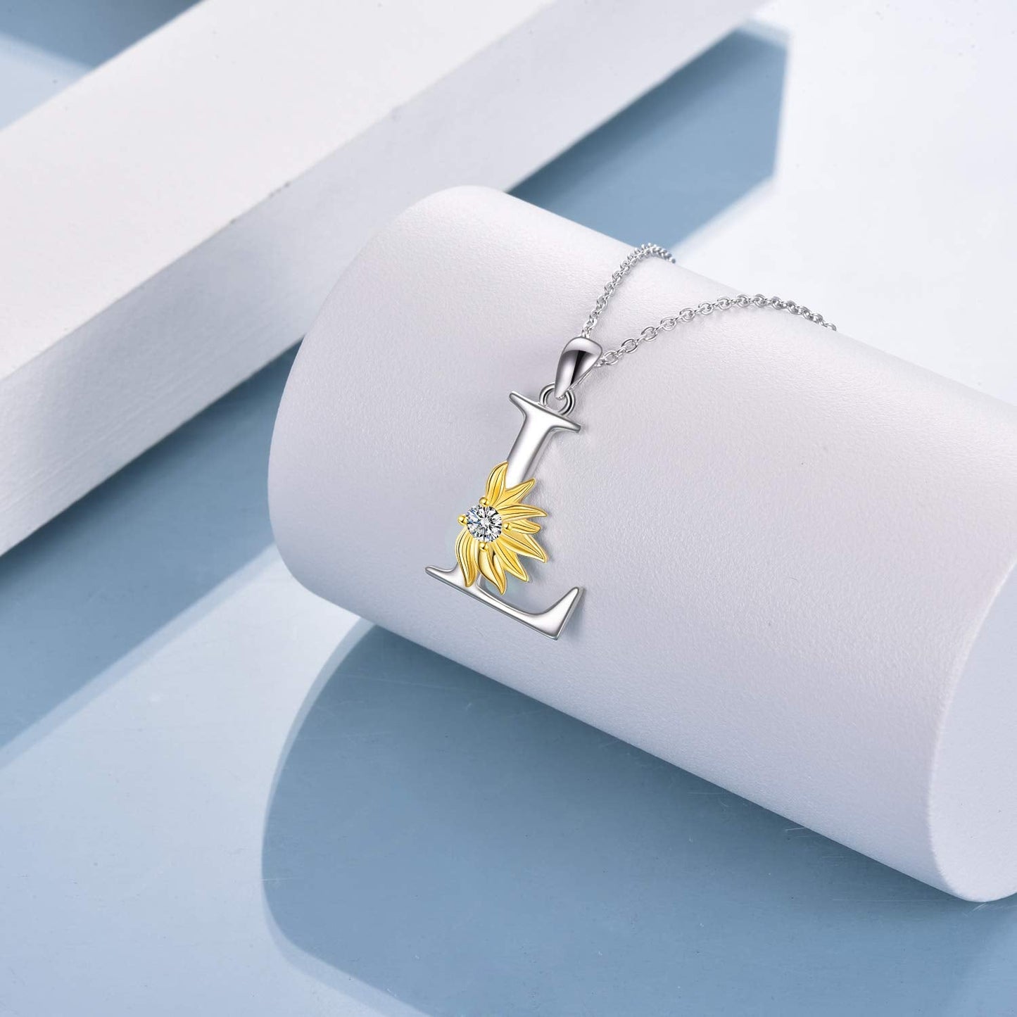 POPLYKE Sterling Silver Initial Alphabet Letter l Script Name Pendant Chain Necklace for Women for (Sunflower L)