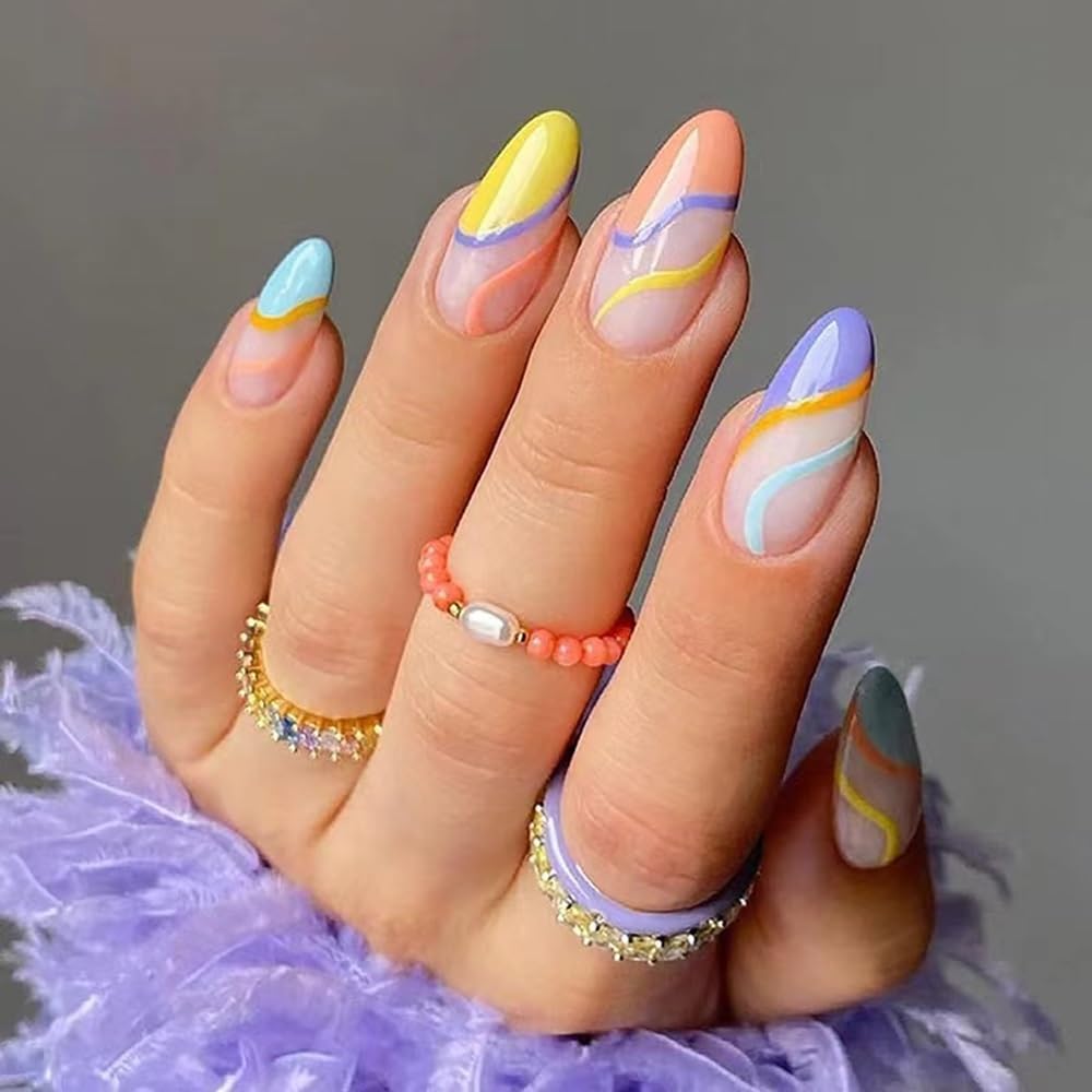 CTTHNBD 6 Pack Press on Nails - Almond, French Tip, Swirl, False, Gel - 144 Pcs, 12 Sizes, 6 Styles