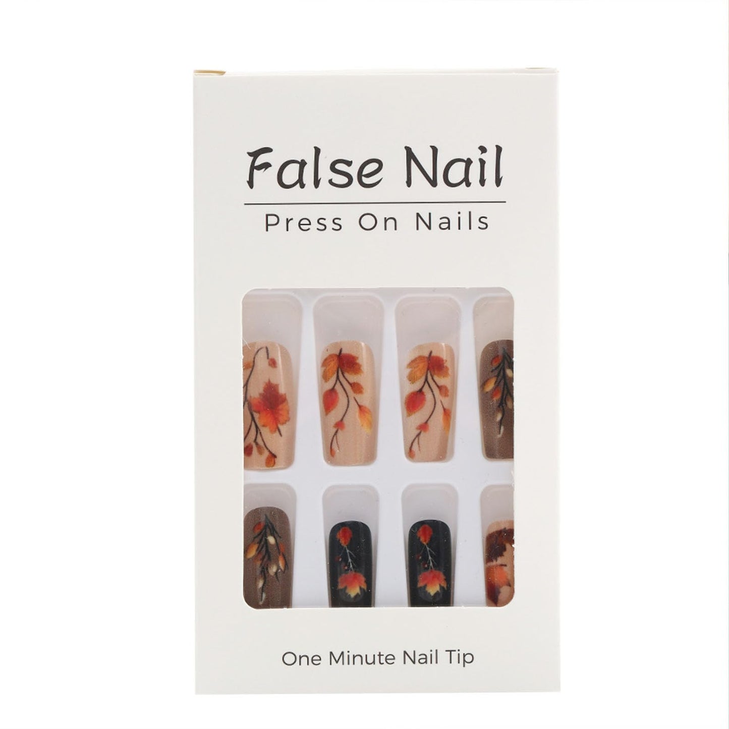 Fall Press on Nails Medium Coffin Fake Nails with Maple Leaves Designs Glossy Nails Press ons Brown Black Glue on Nails Autumn Acrylic Artificial Stick on Nails for Women 24Pcs