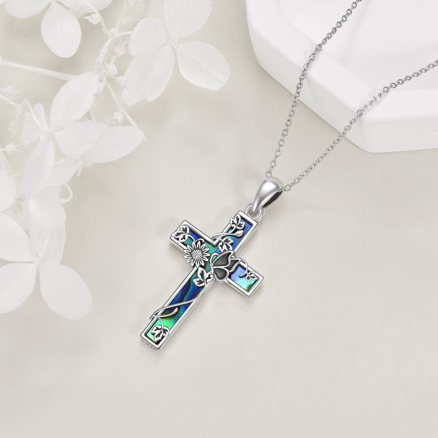 YFN Sunflower Cross Sterling Silver Butterfly Cross Pendant Abalone Shell Women's Christian Baptism Gift Necklace