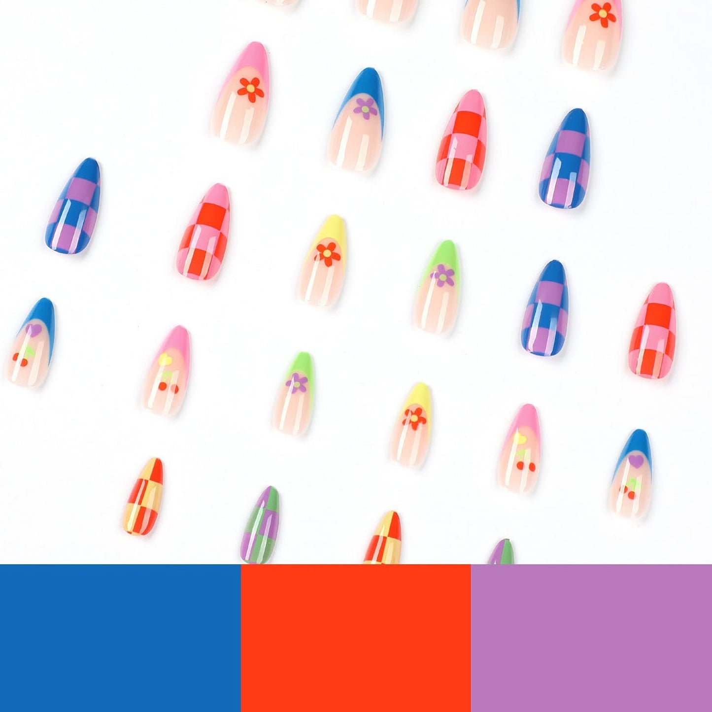 MISUD Press on Nails - Medium Almond Glue on Nails with Summer Colorful, Acrylic Rainbow Flower Design 24 pcs
