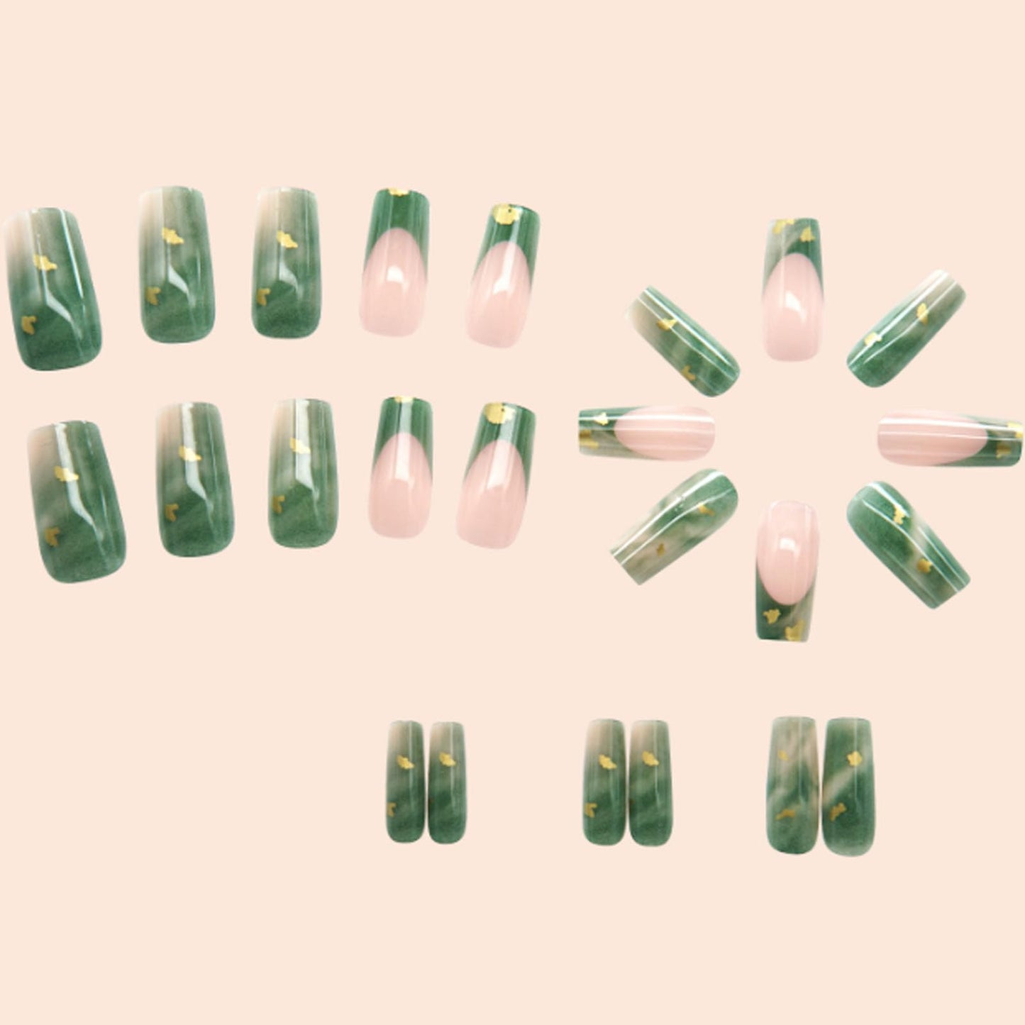 Hkanlre Medium Green Press on Nails French Fake Nails Tips Full Cover Square False Marble Nails for Women and Girls 24PCS