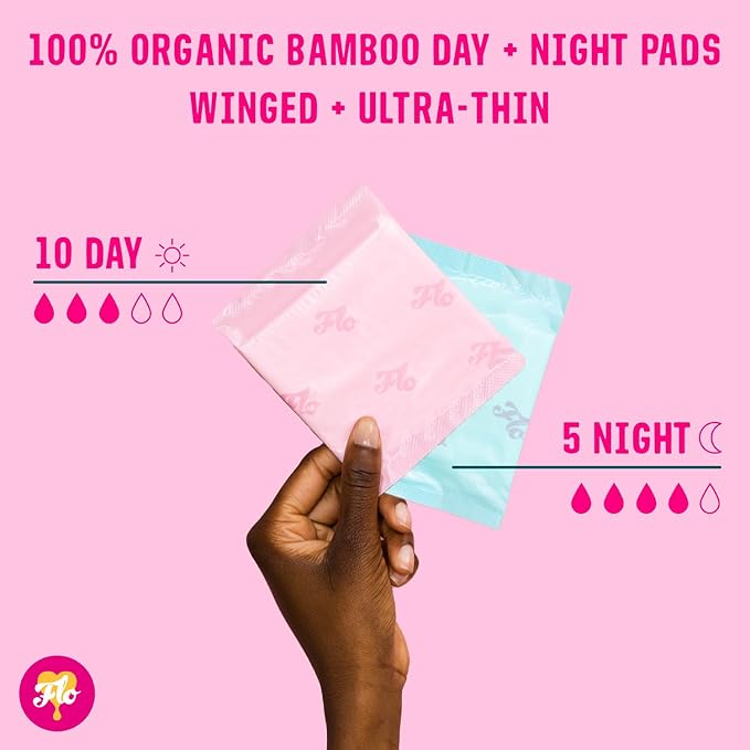 Flo Bamboo Period Pads with Wings Combo Pack 10 Day, 5 Night (15 Pads)