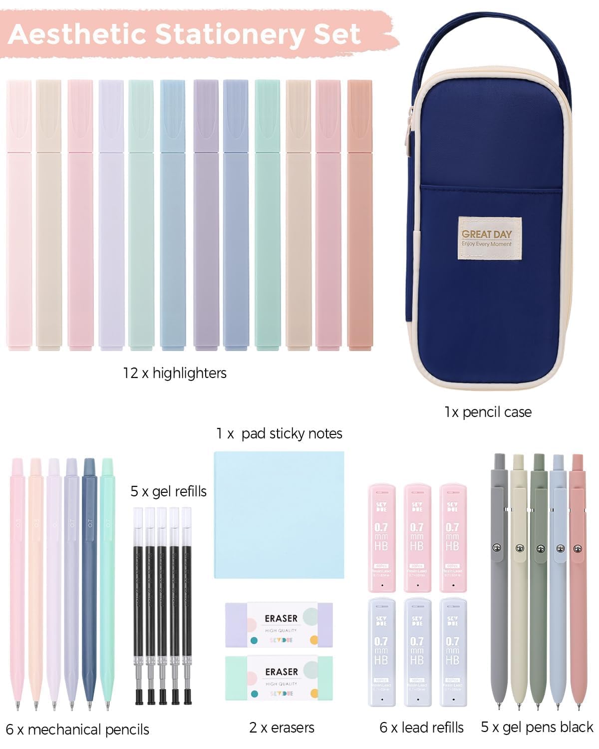 SKYDUE Cute School Supplies 38 PCS, Pencil Case with 12 Pastel Highlighters, 5 Black Gel Pens, Mechanical Pencils, College Essentials Students Stationary Set Dark Blue