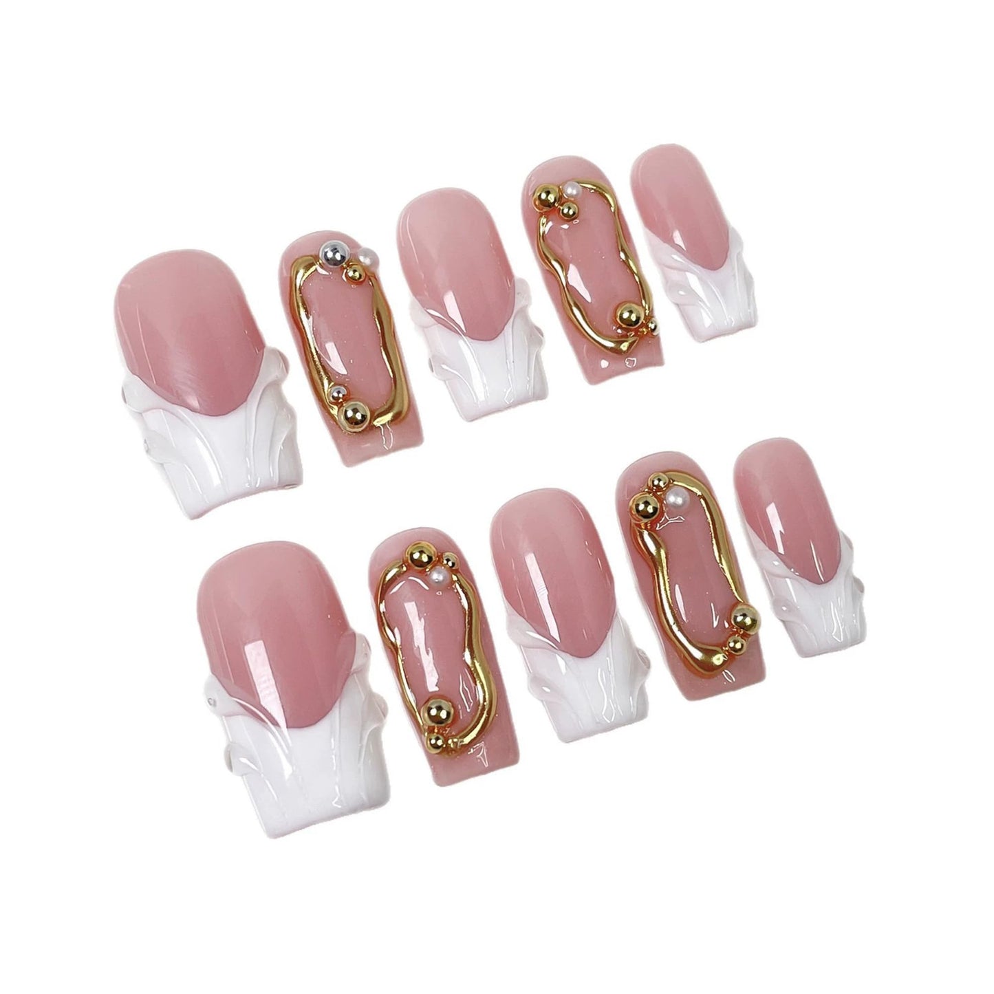 Handmade Press on Nails Medium Square Fake Nails White French Tip Nails Press Ons with 3D Swirl Design Reusable False Nails Luxury Full Cover Stick on Nail for Women Manicure 10Pcs (Size M)