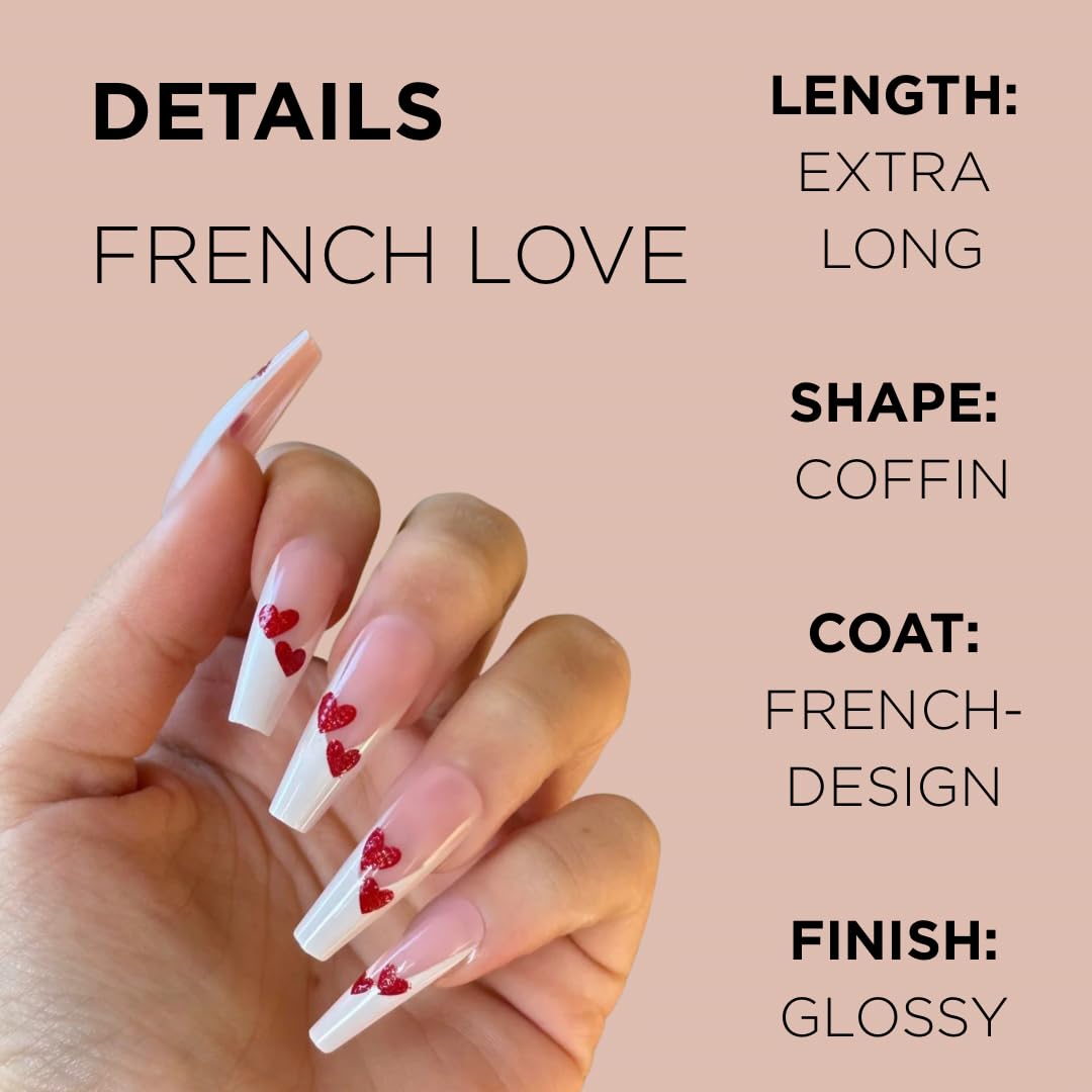 FRENCH LOVE Press-On Nails by Lavaa Beauty | Extra-Long Coffin Nails | French Tip with Small Red Hearts Valentine's Day Nails