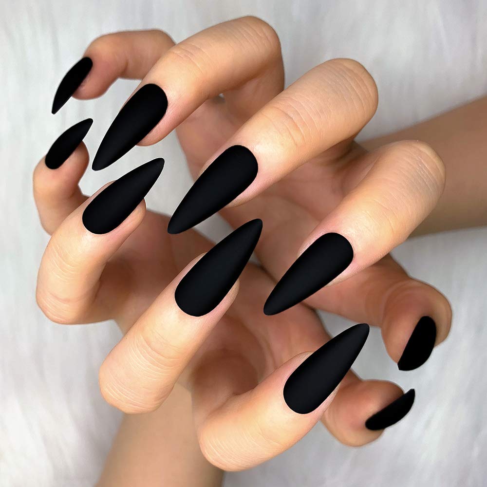 Morily Press-On Nails Bundle | Black Stiletto Glossy & Black Stiletto Matte | 24Pcs Each Set, Medium Length Long False Fake Nails