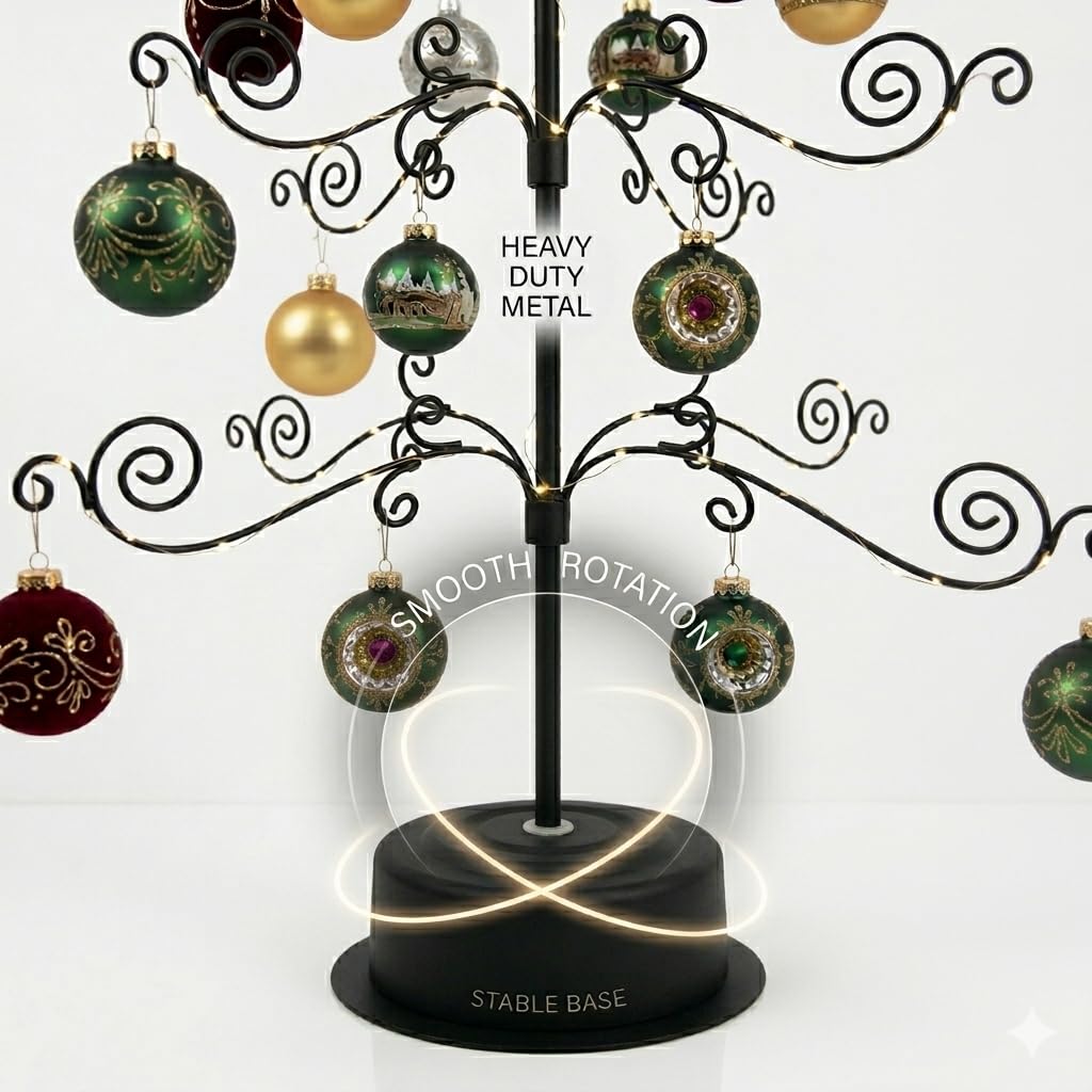 HOHIYA 24” Rotating Ornament Display Tree Stand 36 Hooks Metal Tabletop Display Rack for Christmas Ornaments Halloween Decor Craft Show Display Heavy Duty Black