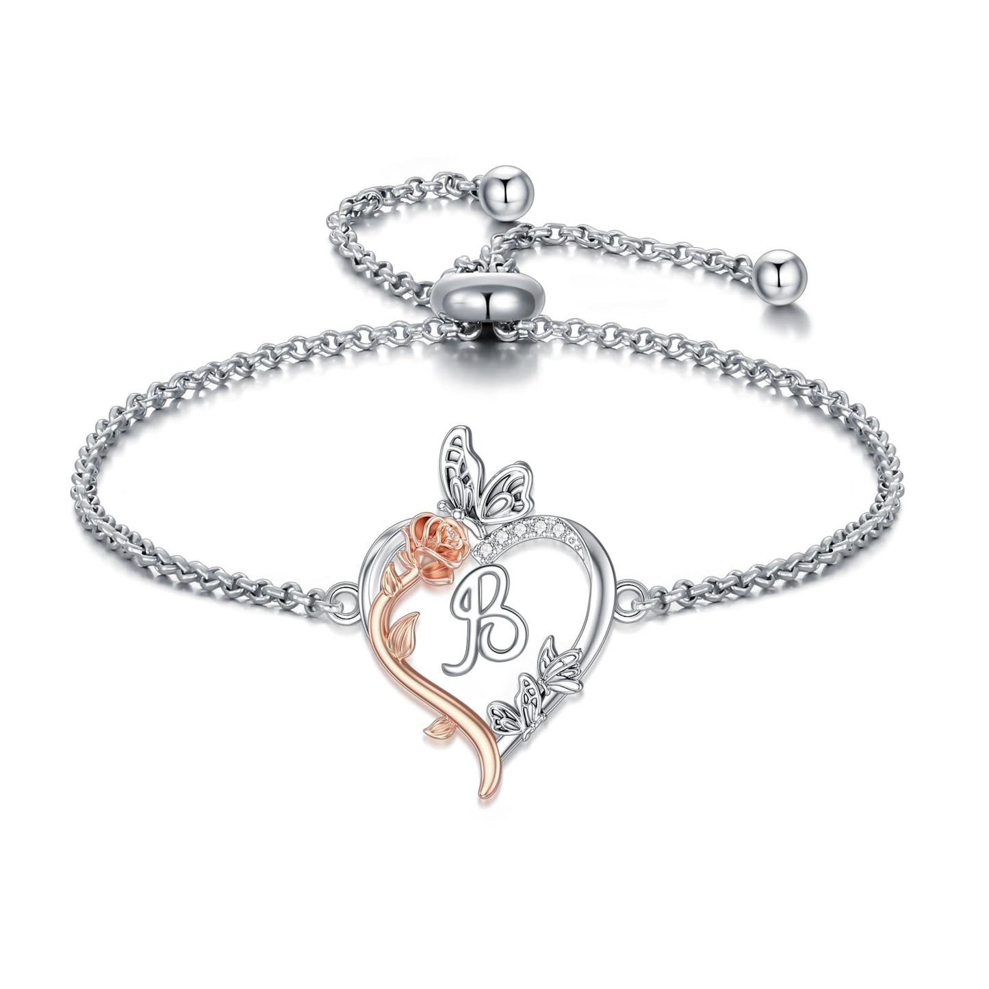 TOUPOP Rose Heart Bracelet for Women Sterling Silver Heart Initial B Letter Bracelet Butterfly Love Jewelry Anniversary Birthday Mothers Day Gifts for Mom Wife Her Girlfriend