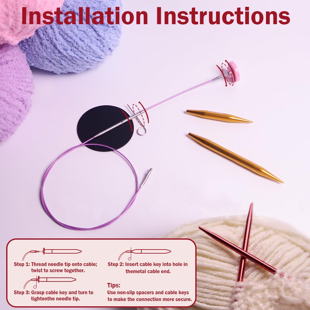 Lewhoo Circular Knitting Needles Set with Case,11 Pairs Interchangeable Aluminum Circle Needles with 5 Cables 3.0~8.0mm Multicolored