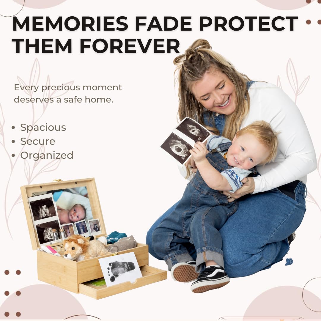 Baby Keepsake Box with 5 Additional Memory Items – Bamboo Memory Box for Baby Girls & Boys – Handprint Kit, Milestone Discs, Photo Corners, Glass Vials, Burlap Bag