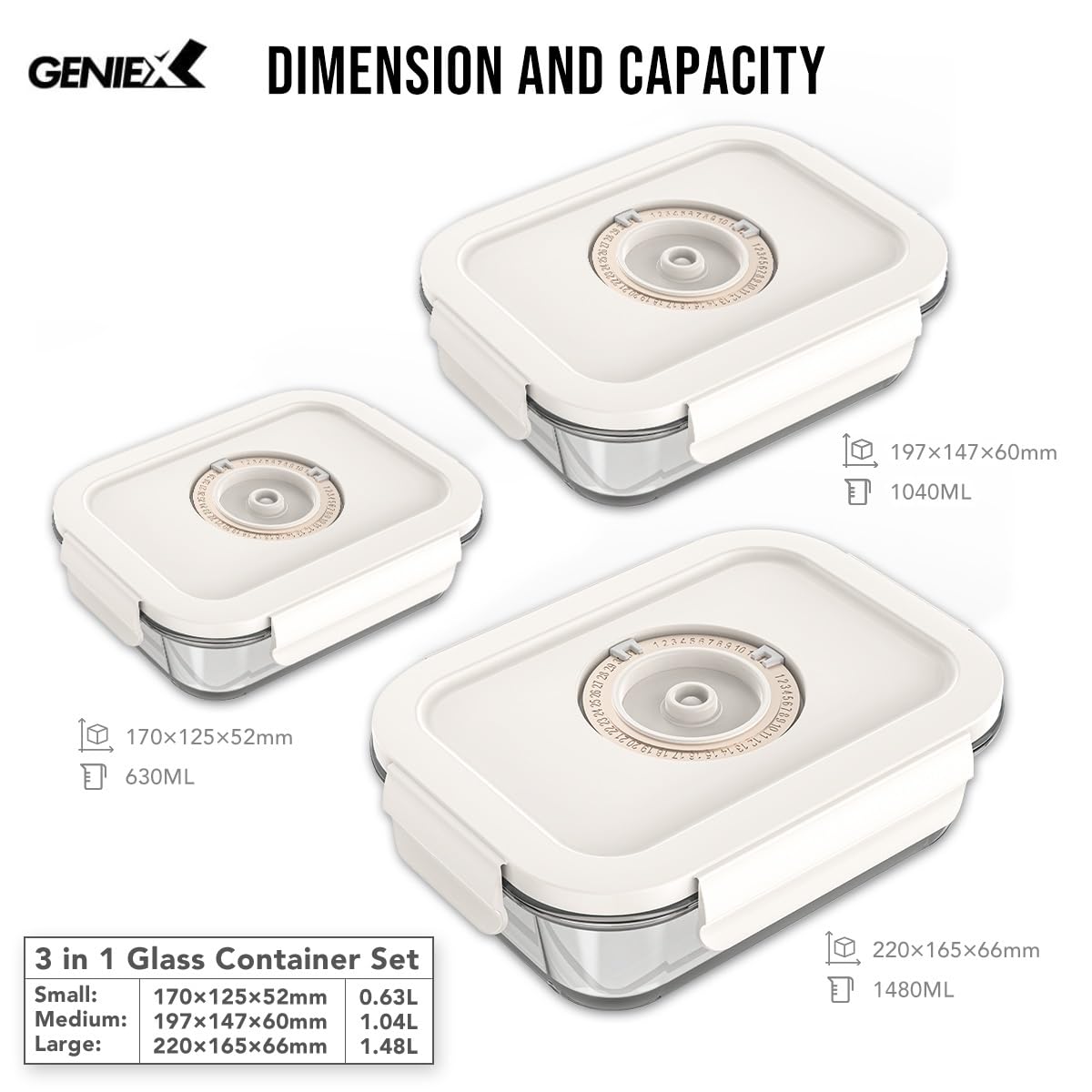 GENIEX Glass Vacuum Seal Containers for Food Storage 3pcs set [Small + Medium + Large] | Work with Handheld Vacuum Sealer Machine