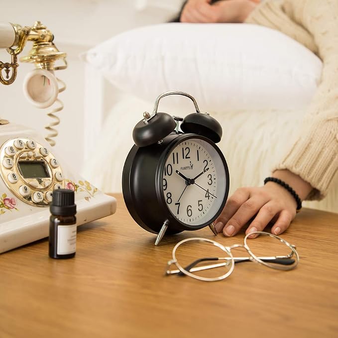 FLOITTUY {Loud Alarm for Deep Sleepers) 4'' Twin Bell Alarm Clock with Backlight for Bedroom and Home Decoration(Black)