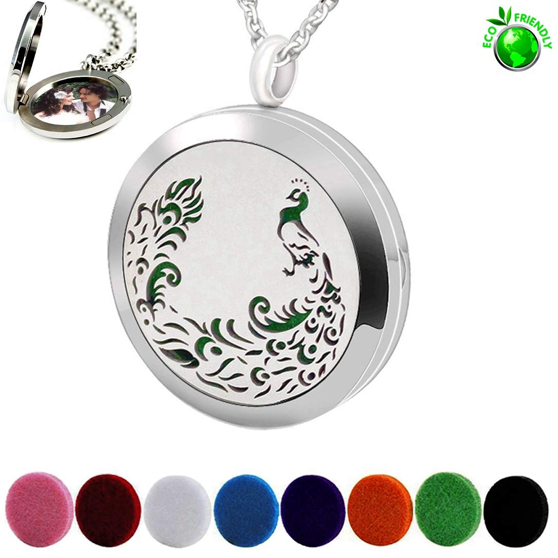 Popeoiuh Aromatherapy Essential Oil Diffuser Necklace - Stainless Steel Locket Peacock Pendant with 24" Chain 8 Colors Pads for Mother Christmas Birthday Father's Day Women Men
