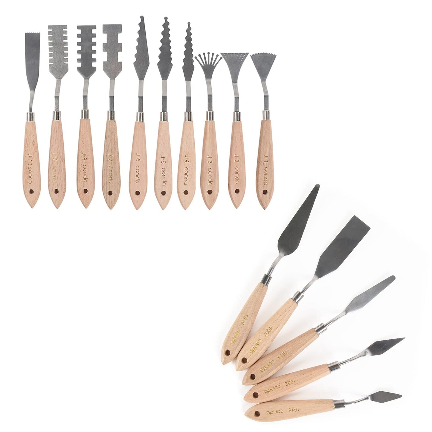 CONDA Palette Knife Set 1 set 10Pcs Palette Knife Painting Wood Handle with Different Shapes and 1 set 5 pcs regular shapes pack