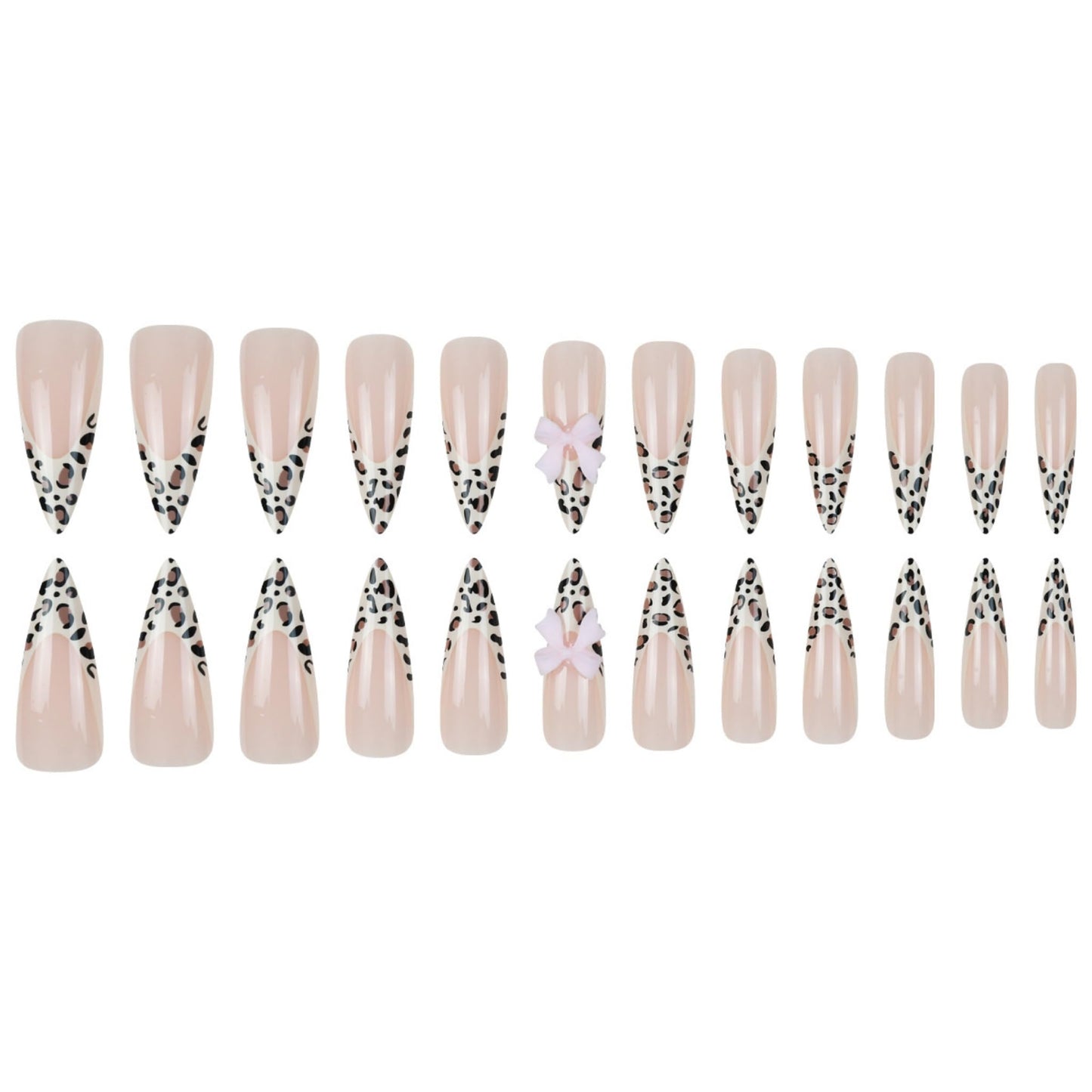 SEENEEY Long Press on Nails Stiletto Fake Nails Leopard Artificial Nail Pink Bow Designs Cute Stick on Nail for Women 24pcs