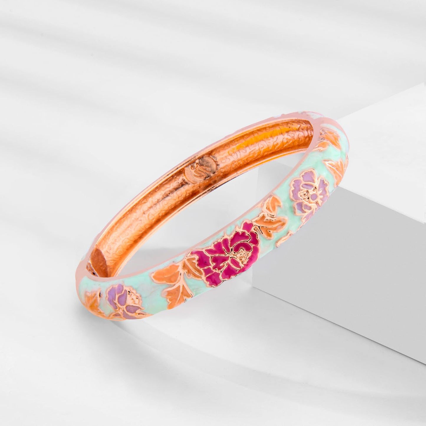 UJOY Bangles 5 Pcs Enamel Jewelry Set Rose Gold Flower Engraved Cloisonne Bracelets Pack in a Box 5PCS green pink white