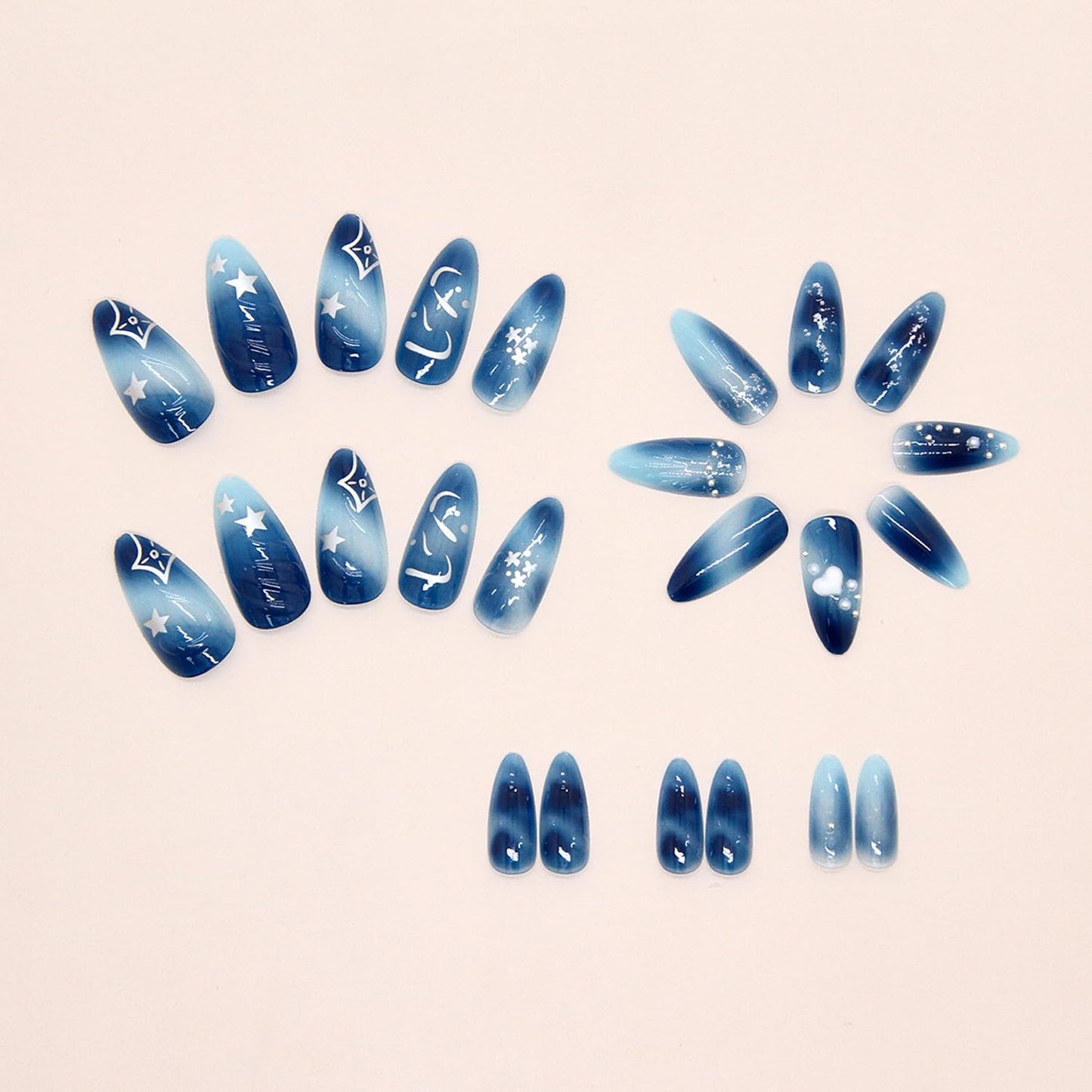 24Pcs Blue Press on Nails Medium Almond Glossy Fake Nails with 3D Wave Heart Pearl Star Sparkle Pattern Cute False Nail French Nails Full Cover Artificial Glue on Nail Handmade Stick on Nail for Women