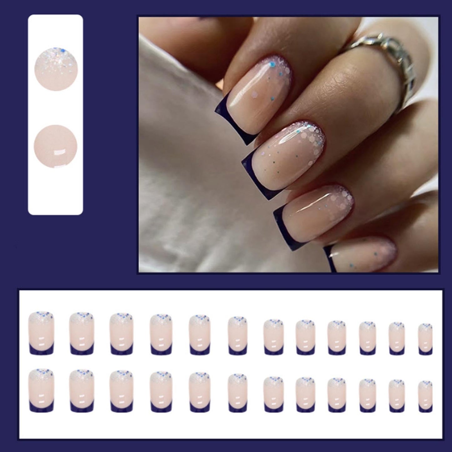 DANMANR Press on Sequins Nails Blue False Shiny Nails Full Cover Acrylic Medium Fake Jelly Square Nails for Women and Girls 24PCS