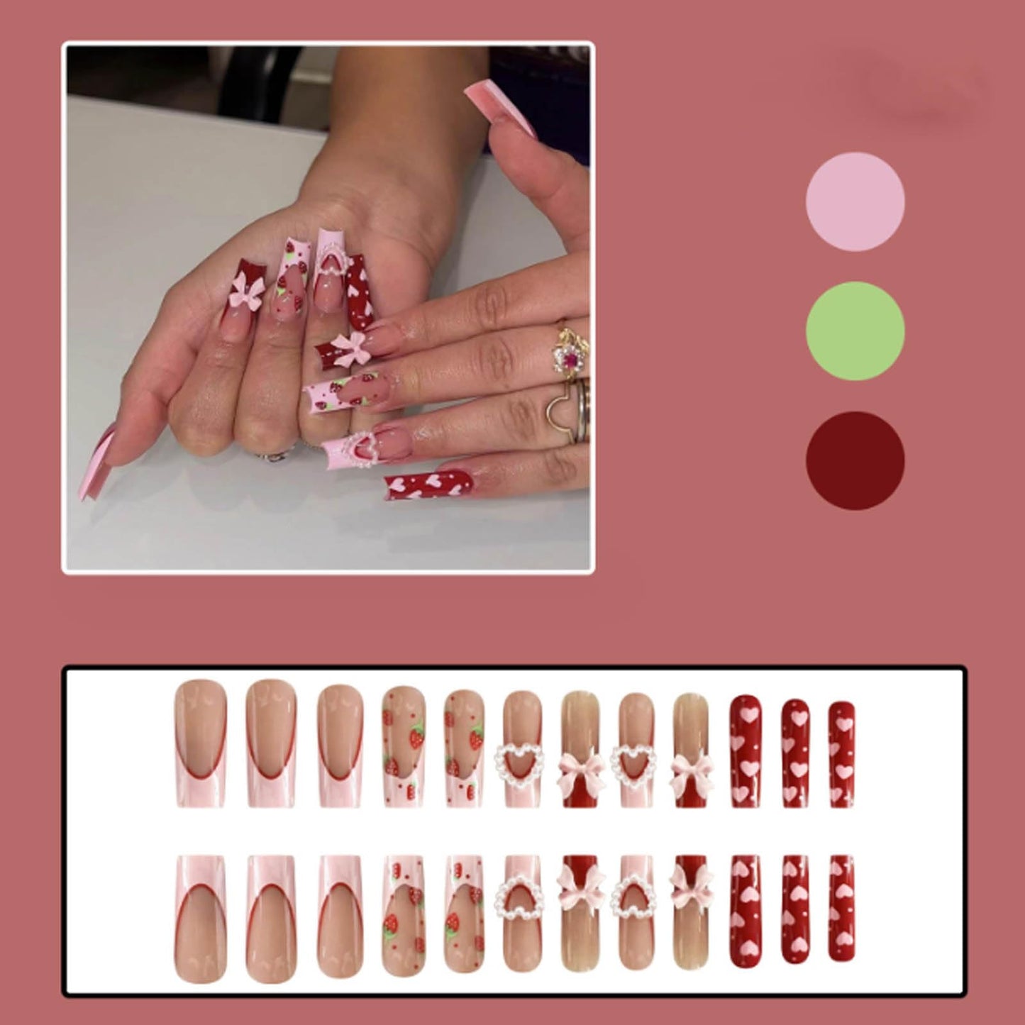 Hkanlre Pink Heart Press on Nails Coffin Long Fake Nails Tips Full Cover Square False Nails for Women and Girls 24PCS