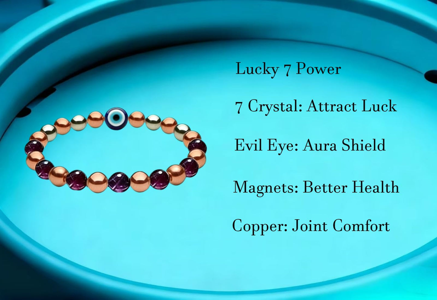 Drkao Unique Original Design Magnetic Therapy Bracelet for Women, Exclusive Lucky 7 Power Healing Crystals & Copper, Evil Eye Aura Shield, 4-Fold Protection Wellness Gift For Mother One Pack