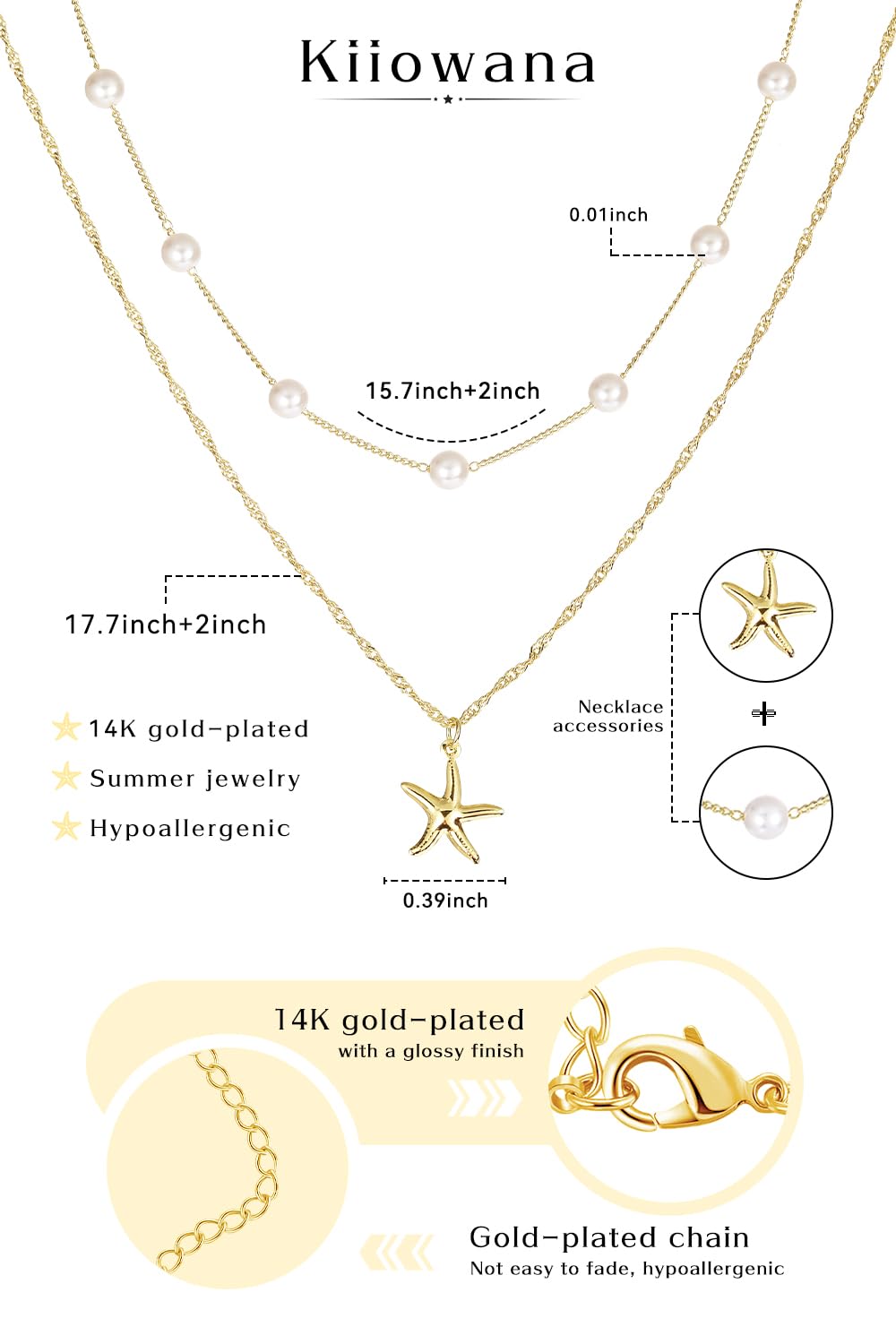 Beach Layered Starfish Necklace for Women, 14K Gold Plated Shell Conch Seashell & Pearl Charm Pendant, Dainty Coastal Summer Vacation Jewelry