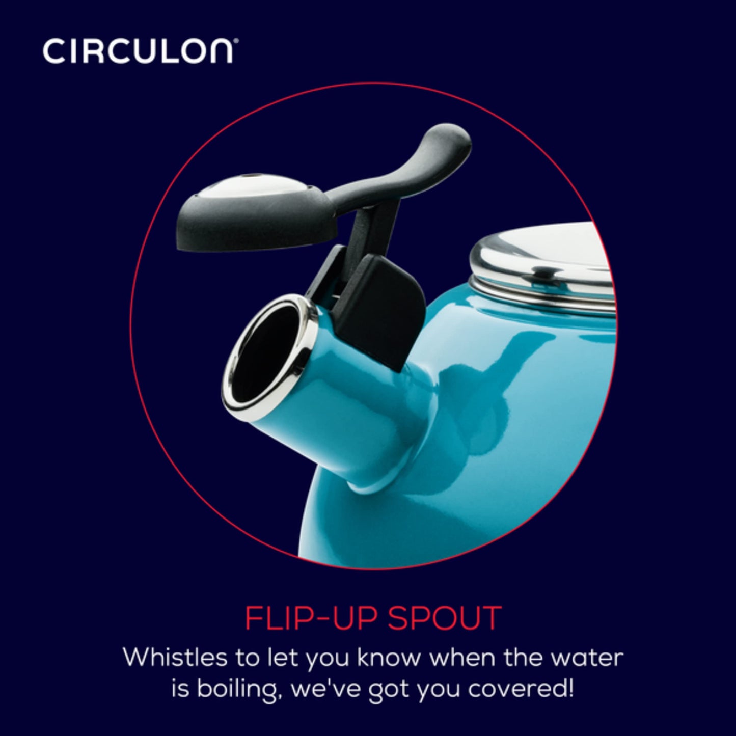 Circulon Enamel on Steel Whistling Induction Teakettle, Tea Kettle for Stovetop with Flip-Up Spout, 2-Quart, Turquoise