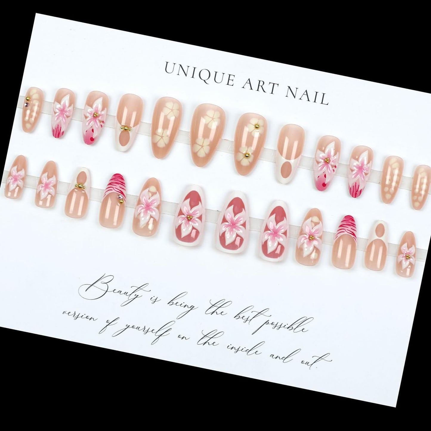 French Tip Press On Nails Almond Medium Fake Nails Glossy 3D Flower False Nails Press Ons With Gold Bead Design Stick On Nails Full Cover Reusable Glue On Nail For Women Nail Decorations