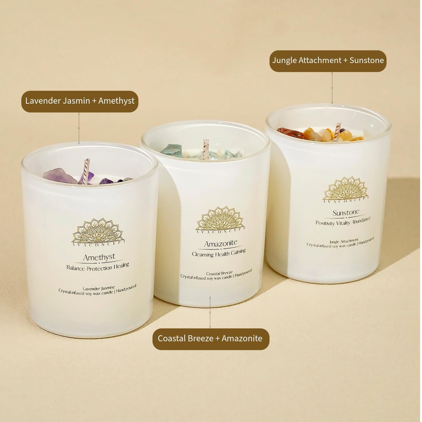 AVACONCEPT Crystal Infused Soy Wax Candle Gift Set Aromatherapy Scented Candles with Healing Crystals Natural Hand-Poured Luxury for Relaxation & Home Décor (Sunstone & Amethyst & Amazonite)