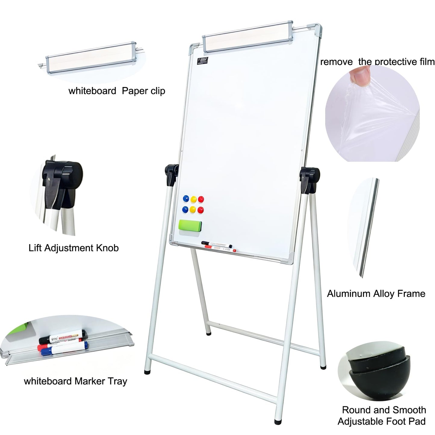 Upgraded A-Frame Whiteboard, 24 * 36‘’，360° Double-Sided Magnetic Dry Erase Board, Height Adjustable Standing Easel with Smooth Non-Slip Base for Home, Office, Classroom, Drawing