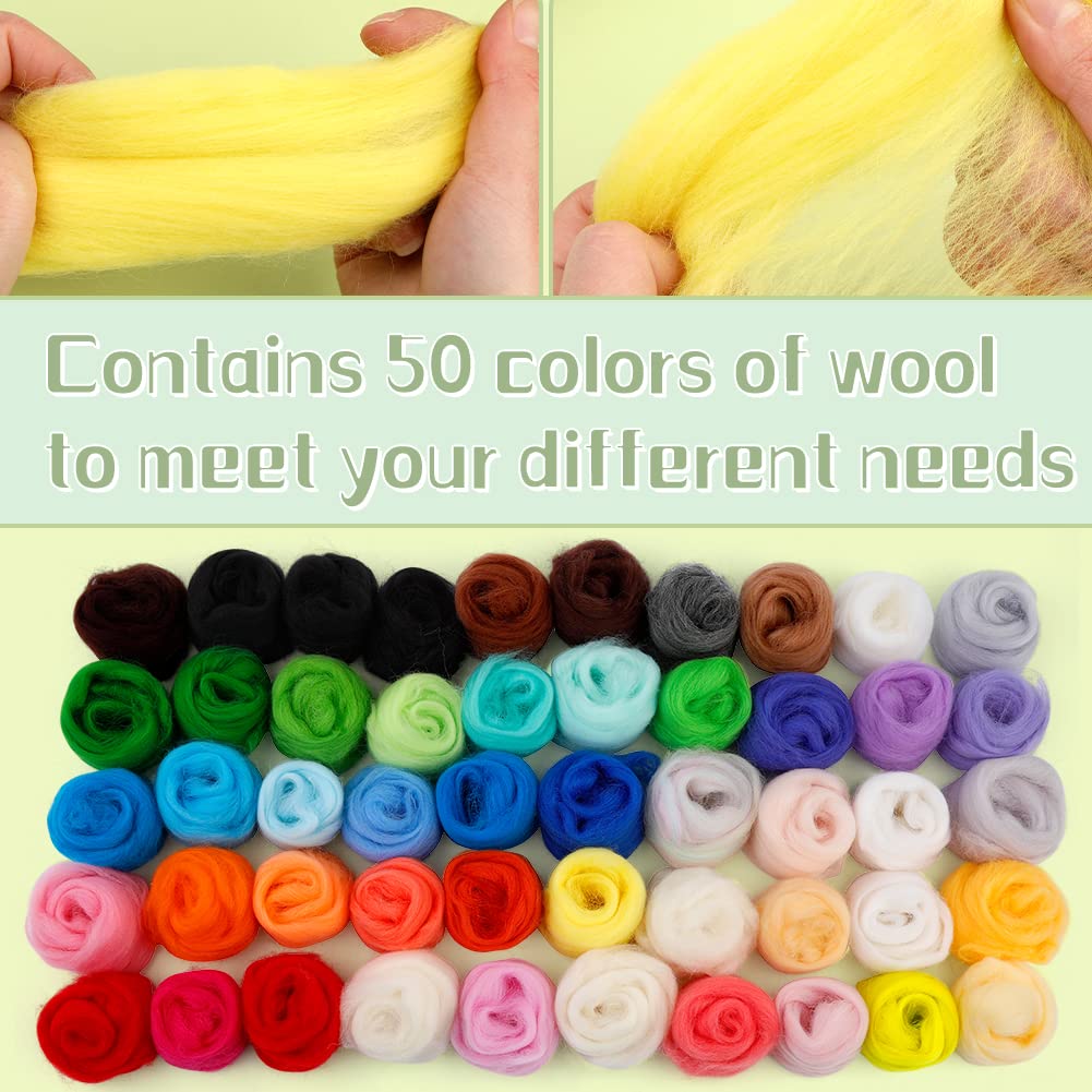 JUPEAN 228 Pcs Needle Felting Kit Wool Felting Tools for Beginner 50 Colors Wool Roving Starter Felting Kit with Felting Needles Foam Mat Needle Felting Supplies Storage Bag for DIY Craft Making