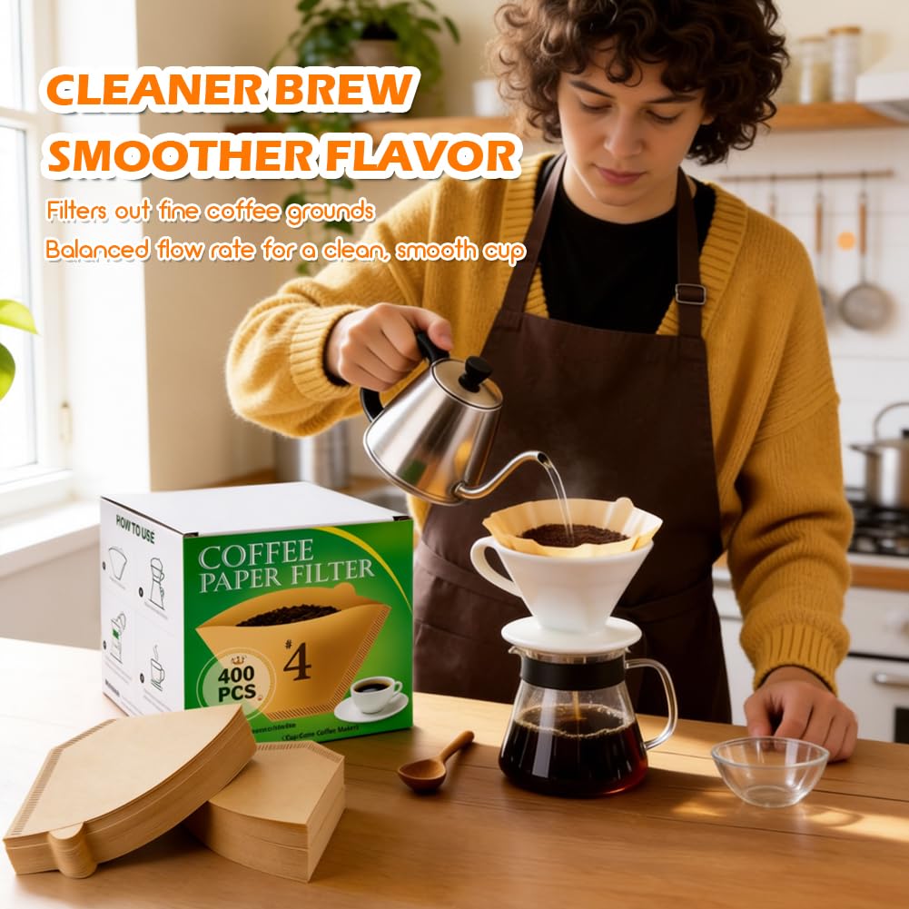 BYKITCHEN 400PCS #4 Cone Coffee Filters Fits 8-12 Cup & 14 Cup Coffee Makers, Size 4 Unbleached Disposable Coffee Filter Paper, Compatible with Ninja, Cuisinart 12-Cup/ 14-Cup & Drip Coffee Machine