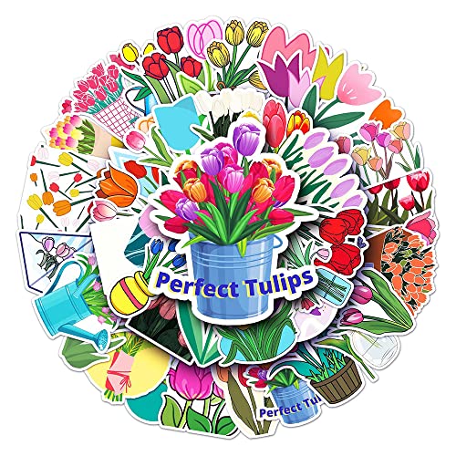 Tulip Stickers Pack 50 PCS, Floral Aesthetic Waterproof Vinyl Die-Cut Spring Flowers Sticker Set for Journal Planner Notebook Scrapbook, Water Bottles Laptop Phone Case E-Reader