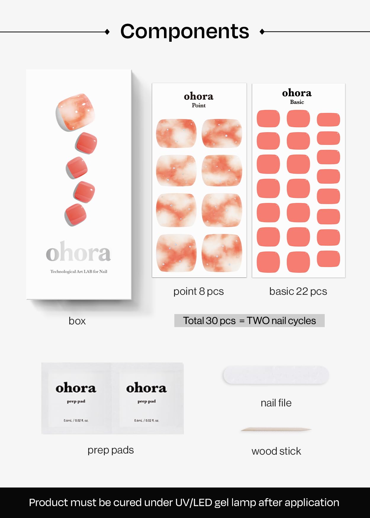 ohora Semi Cured Gel Pedi Strips (P Arman) - Orange, Marble, Works with Any UV/LED Lamps, Salon-Quality, Long Lasting, Easy to Apply & Remove - Includes 2 Prep Pads, Nail File & Wooden Stick