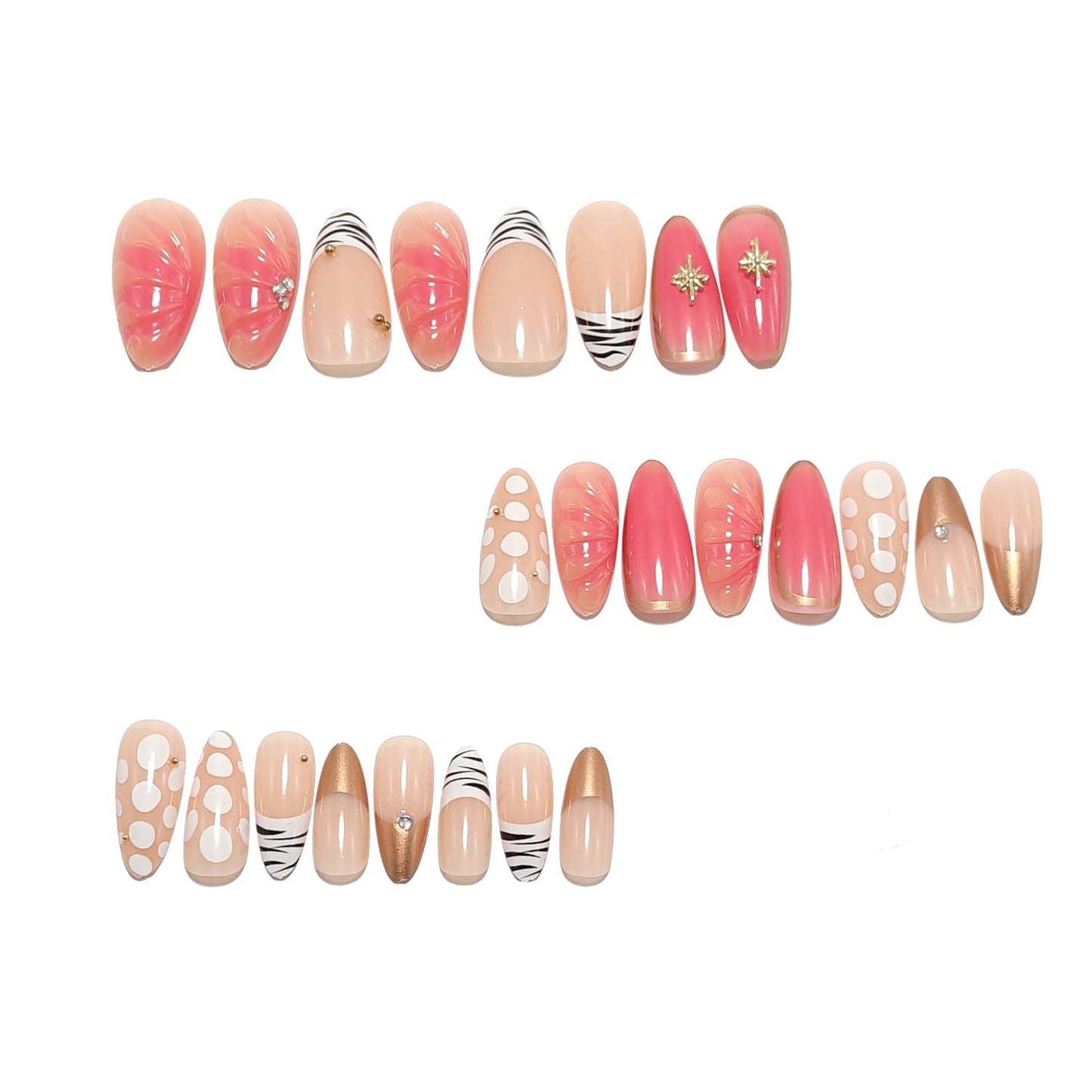 24Pcs Summer Starfish Press on Nails Medium Almond Fake Nails gradient Polka Dot Stripe Gold Beads Design Glossy Pink False Nails French Tip Stick on Nail for Women DIY Manicure