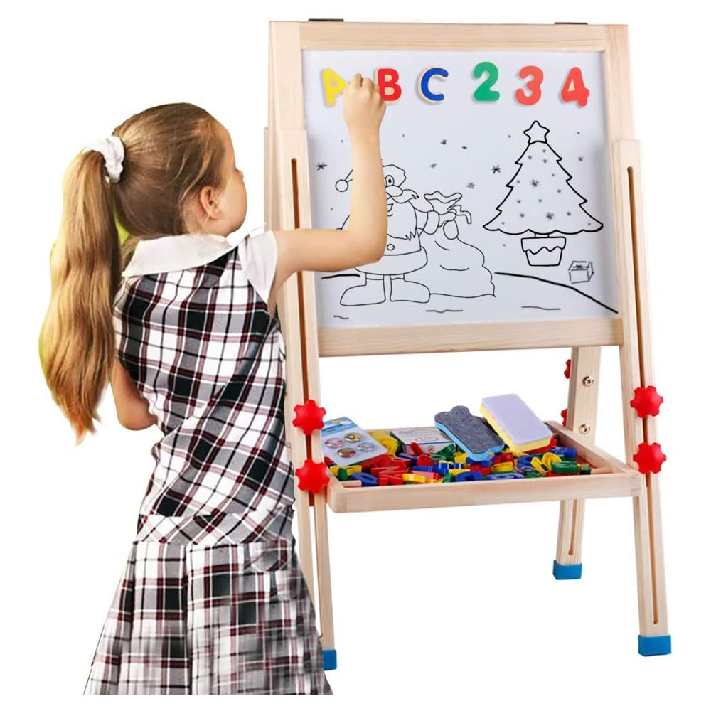 Potamish Wooden Art Easel for Kids (Double Sided) - Standing Magnetic Whiteboard Chalkboard Small Toddler Toys PM-048-K