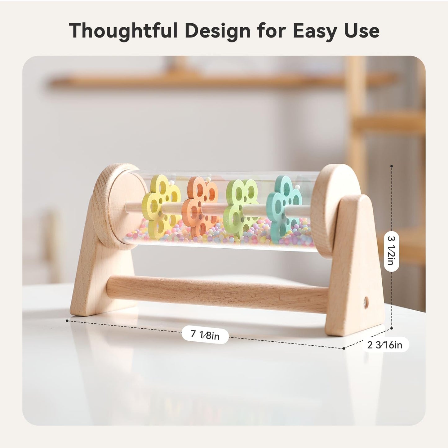IEATFO Tummy Time Toys - Rain Stick Toy with Stand, Sensory Sound Training Tool for Kids - Wooden Spinning Drum & Rolling Rattle Combo